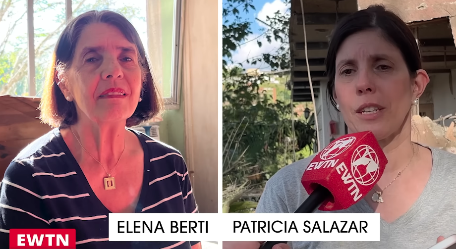 Elena Berti (left) was sleeping alone in her house when a projectile landed in her yard. Berti’s daughter, Patricia Salazar, is at right. | Credit: EWTN Noticias/Screenshot?w=200&h=150