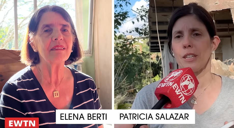 Elena Berti (left) was sleeping alone in her house when a projectile landed in her yard. Berti’s daughter, Patricia Salazar, is at right. | Credit: EWTN Noticias/Screenshot
