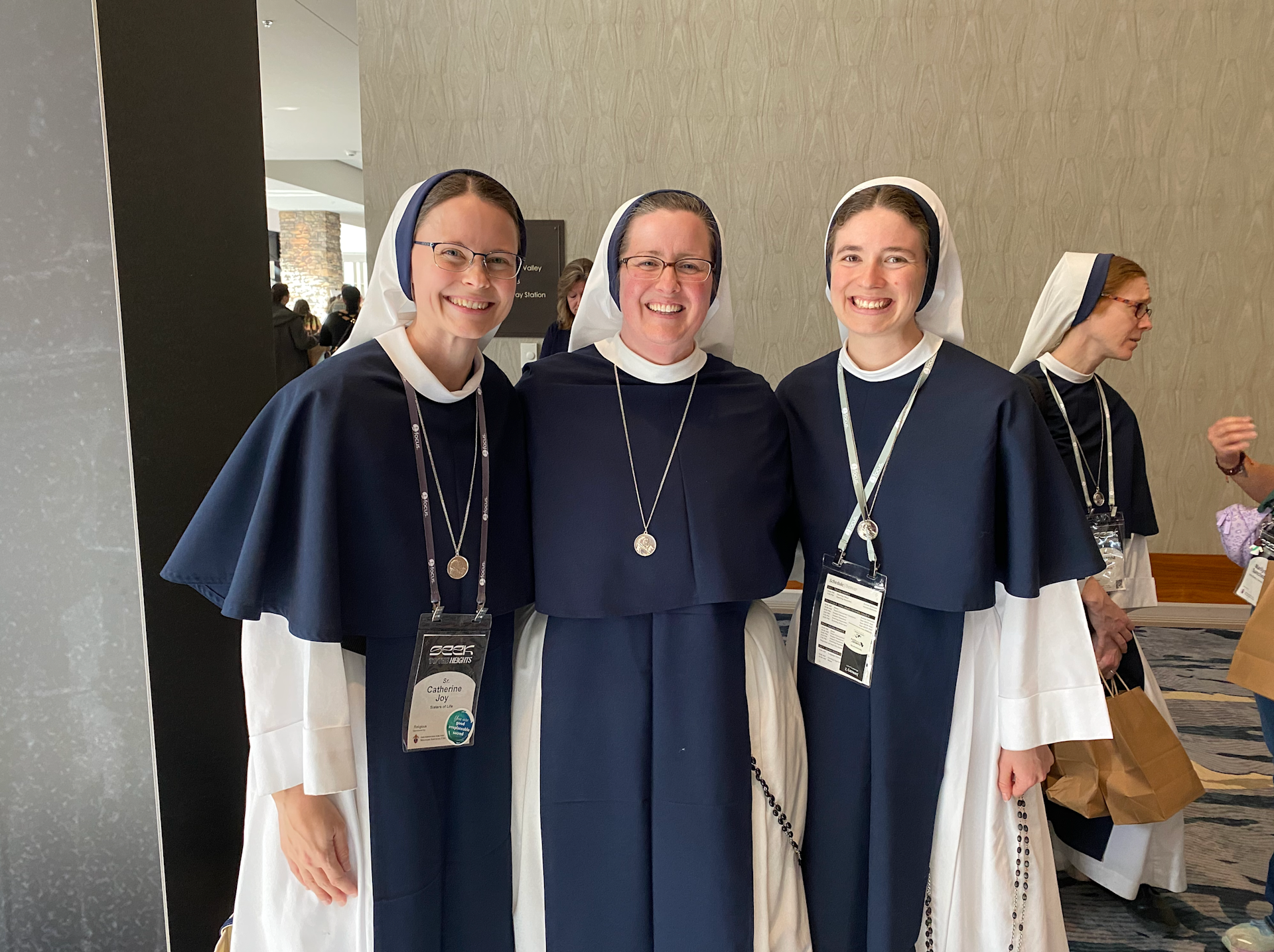 From left to right: Sister Catherine Joy, Sister Virginia Joy, and Sister Israel Rose of the Sisters of Life at SEEK 2026 in Denver. | Credit: Francesca Fenton/EWTN News