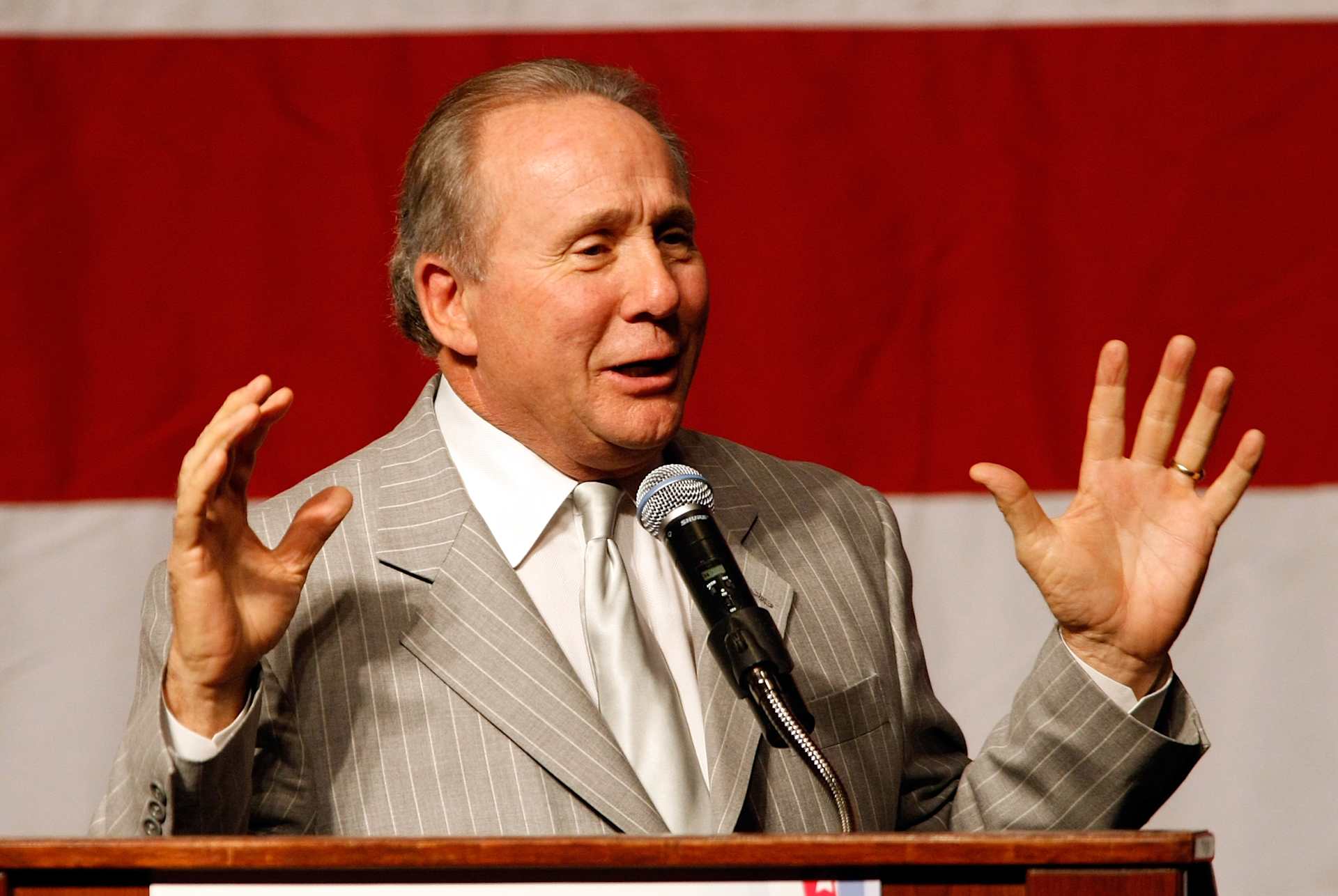 Republican strategist Michael Reagan speaks at a get-out-the-vote rally for U.S. Republican Senate candidate Sharron Angle featuring U.S. Sen. John McCain at the Orleans, Friday, Oct. 29, 2010, in Las Vegas. | Credit: Ethan Miller/Getty Images