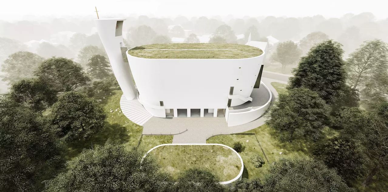 An architectural rendering shows the planned Church of the Holy Trinity in Neratovice, Czech Republic. The Noah’s Ark-inspired design by architect Zdeněk Fránek features a green roof and may become th...