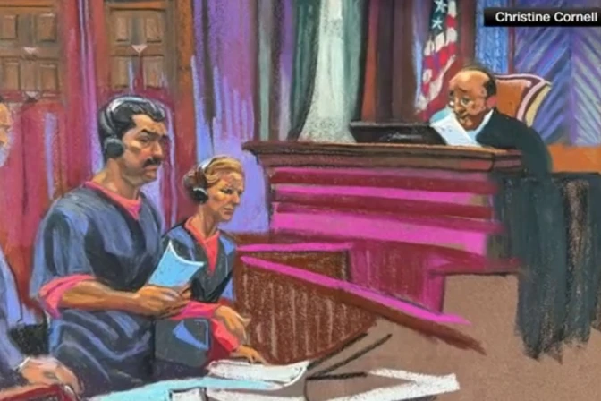 Artist’s sketch of Nicolás Maduro and Cilia Flores at the New York courthouse where they appeared Jan. 5, 2025. Photos and videos are prohibited, hence this illustration, but journalists are allowed to be present. | Credit: CNN