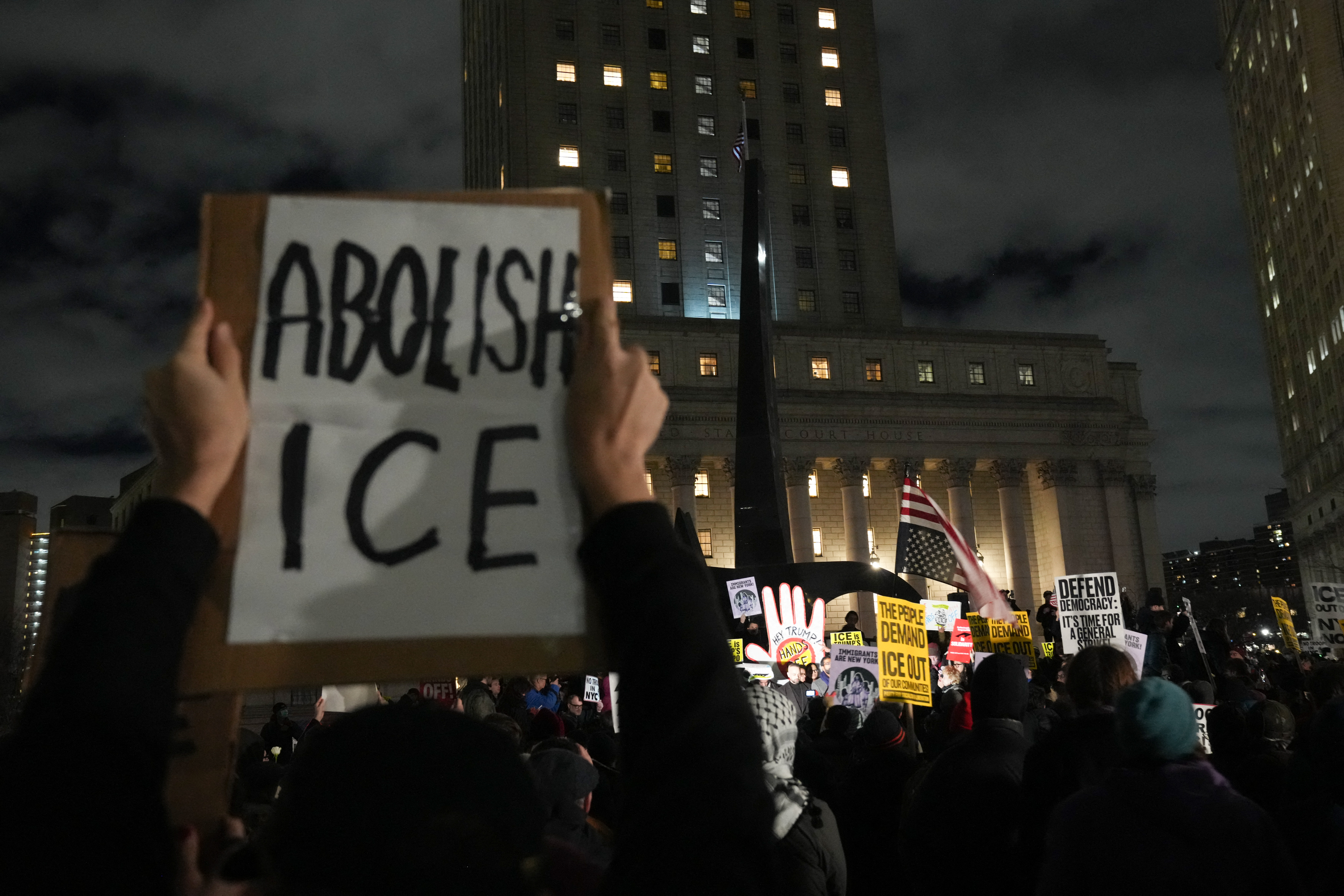 People take part in a protest against Immigration and Customs Enforcement (ICE) in New York on Jan. 7, 2026, after an ICE officer shot dead a woman in Minneapolis. | Credit: Bryan R. SMITH/AFP/Getty Images