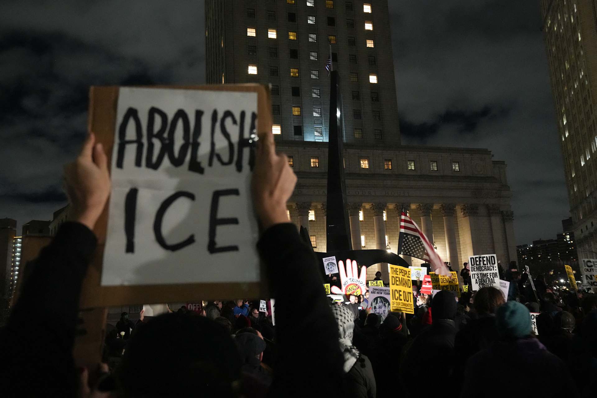 People take part in a protest against Immigration and Customs Enforcement (ICE) in New York on Jan. 7, 2026, after an ICE officer shot dead a woman in Minneapolis. | Credit: Bryan R. SMITH/AFP/Getty Images