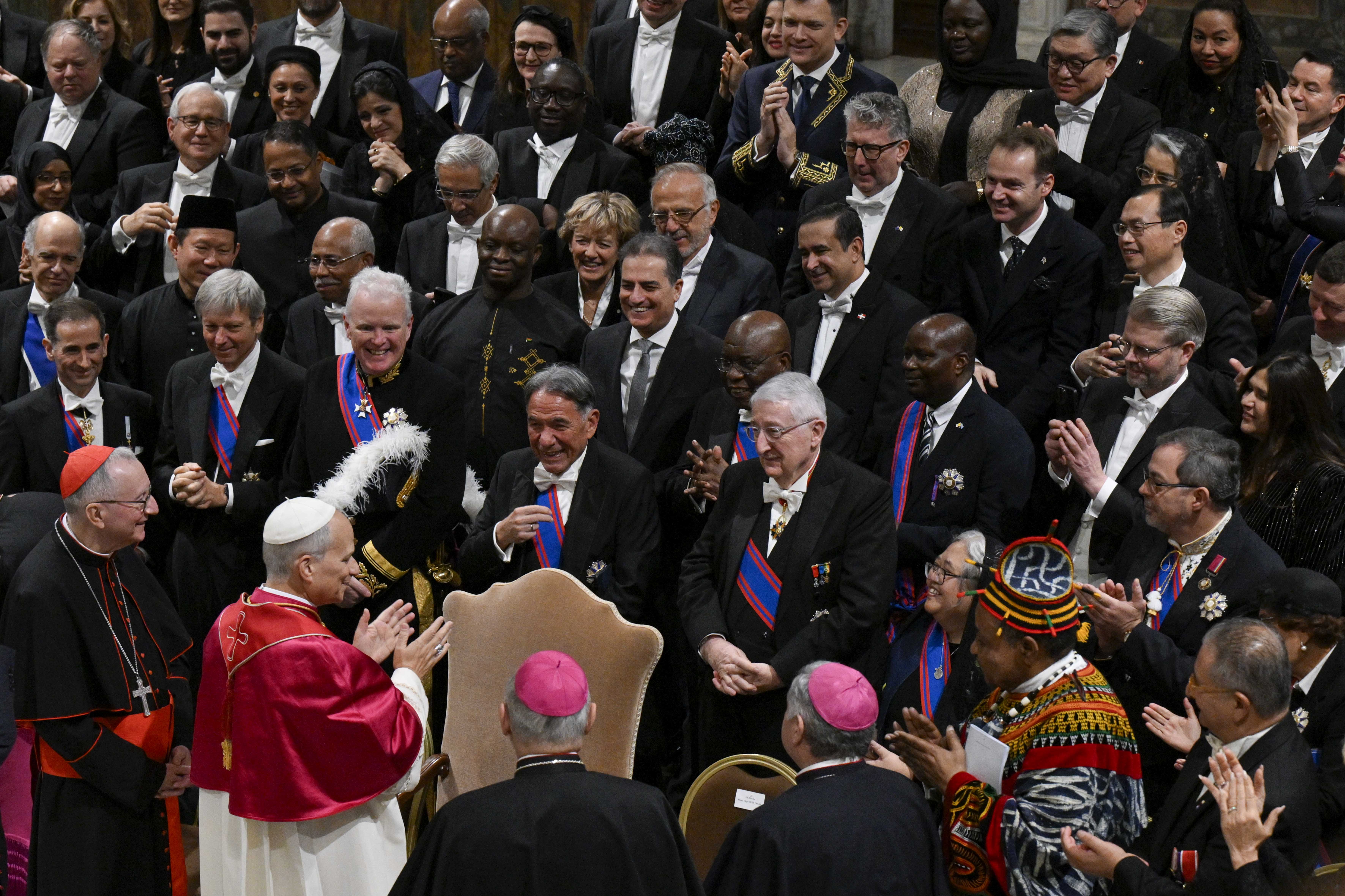 Pope Leo XIV greets ambassadors and other diplomatic representatives to the Holy See in the Apostolic Palace on Jan. 9, 2026. | Credit: Vatican Media