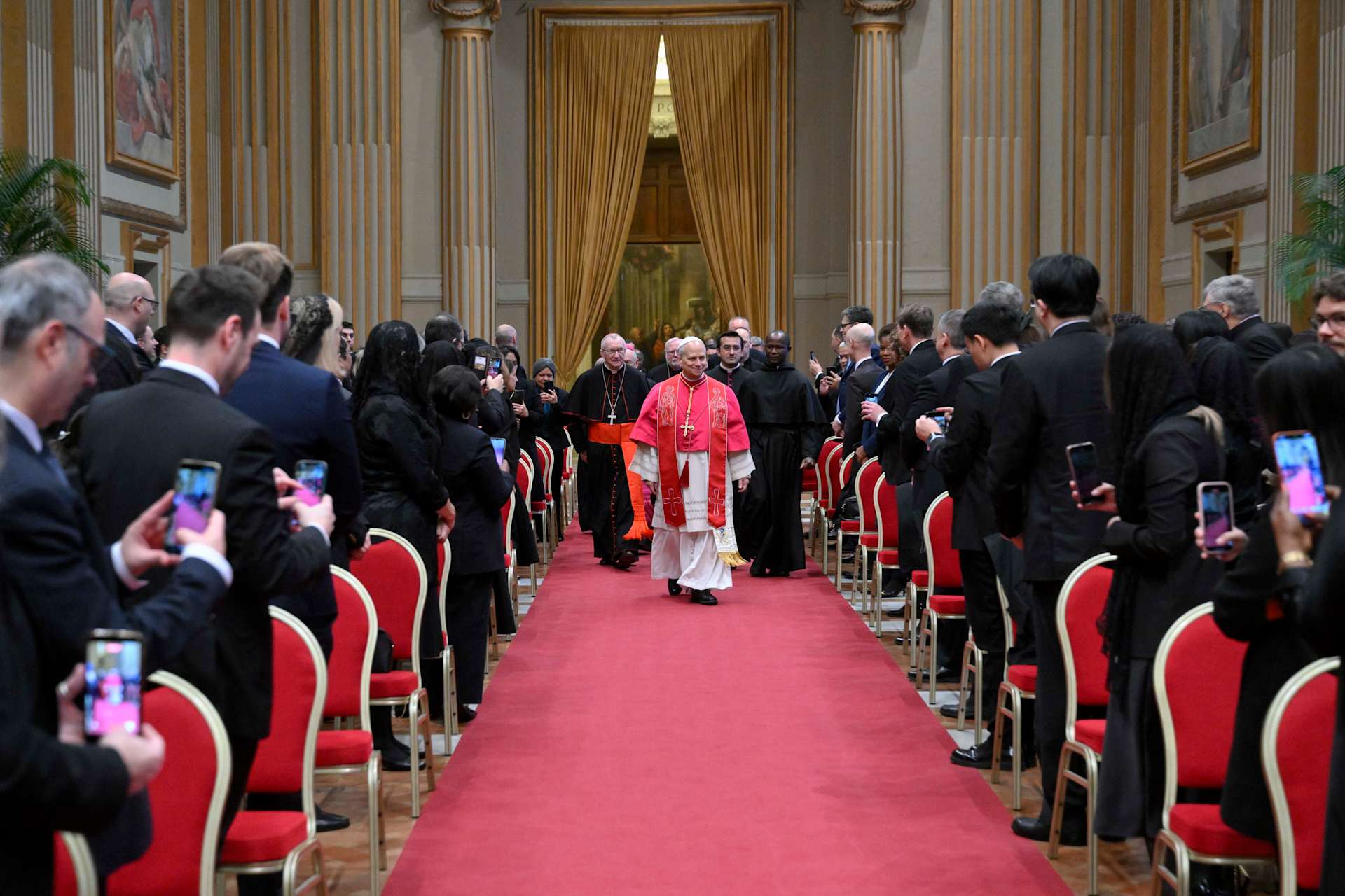 Pope Leo XIV greets ambassadors and other diplomatic representatives to the Holy See in the Hall of the Blessing in the Apostolic Palace on Jan. 9, 2026. | Credit: Vatican Media