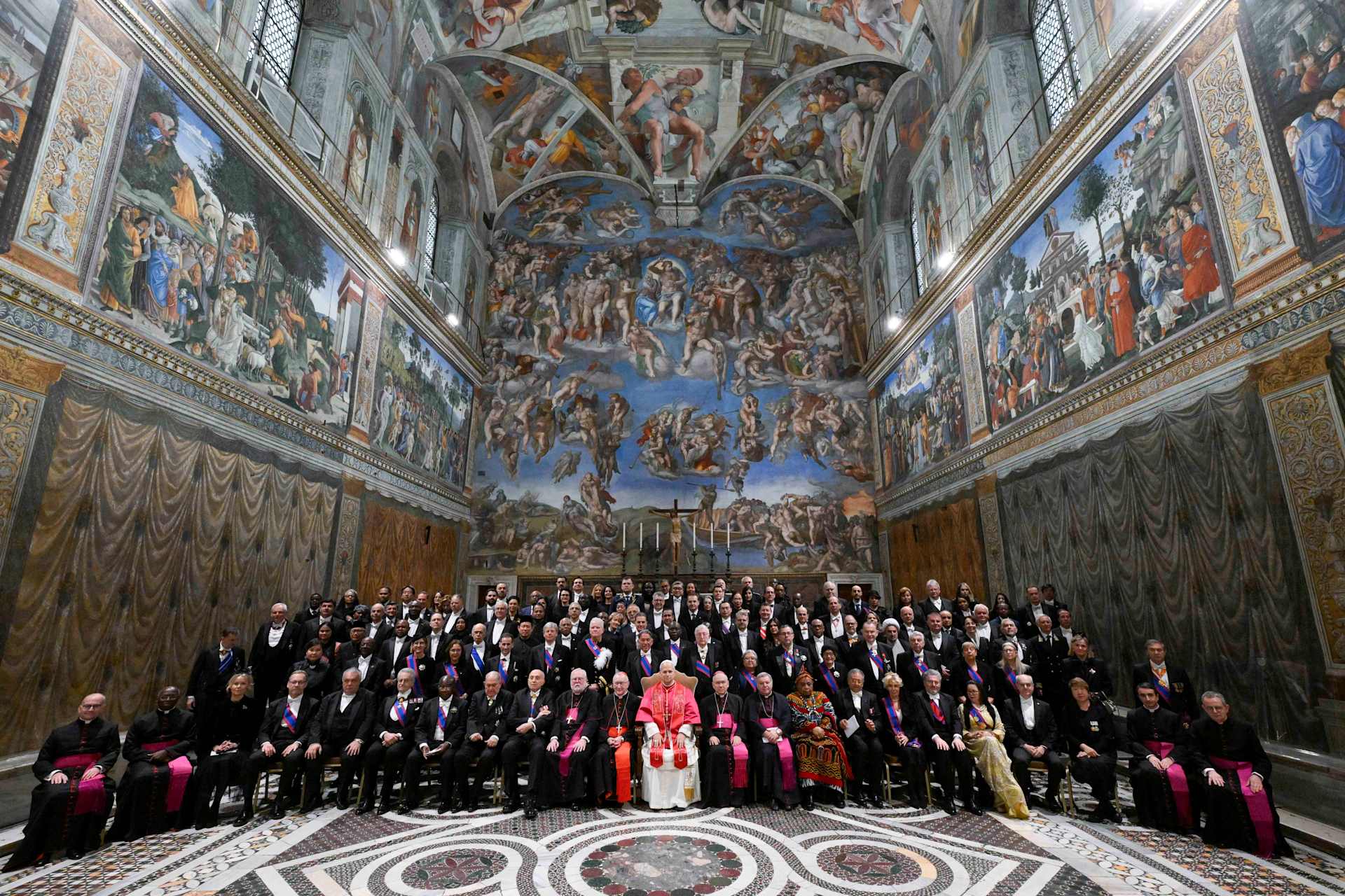 Pope Leo XIV poses with ambassadors and other diplomatic representatives to the Holy See in the Sistine Chapel on Jan. 9, 2026. | Credit: Vatican Media