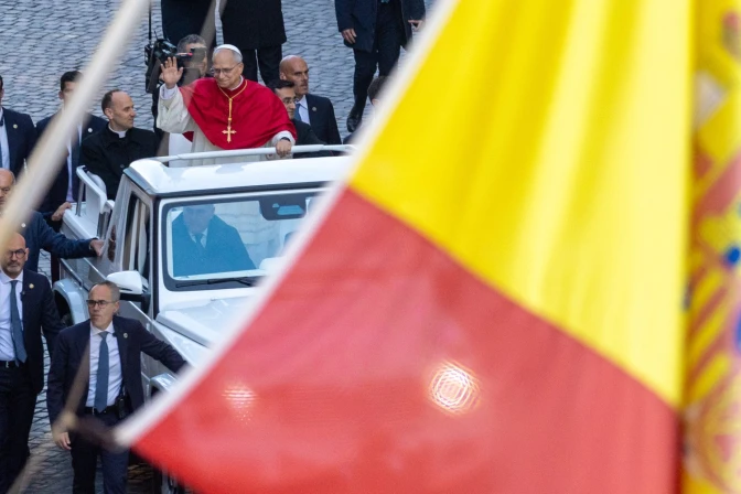 Pope Leo XIV with the Spanish flag in the foreground on Dec. 8, 2025. | Credit: Daniel Ibáñez/EWTN News