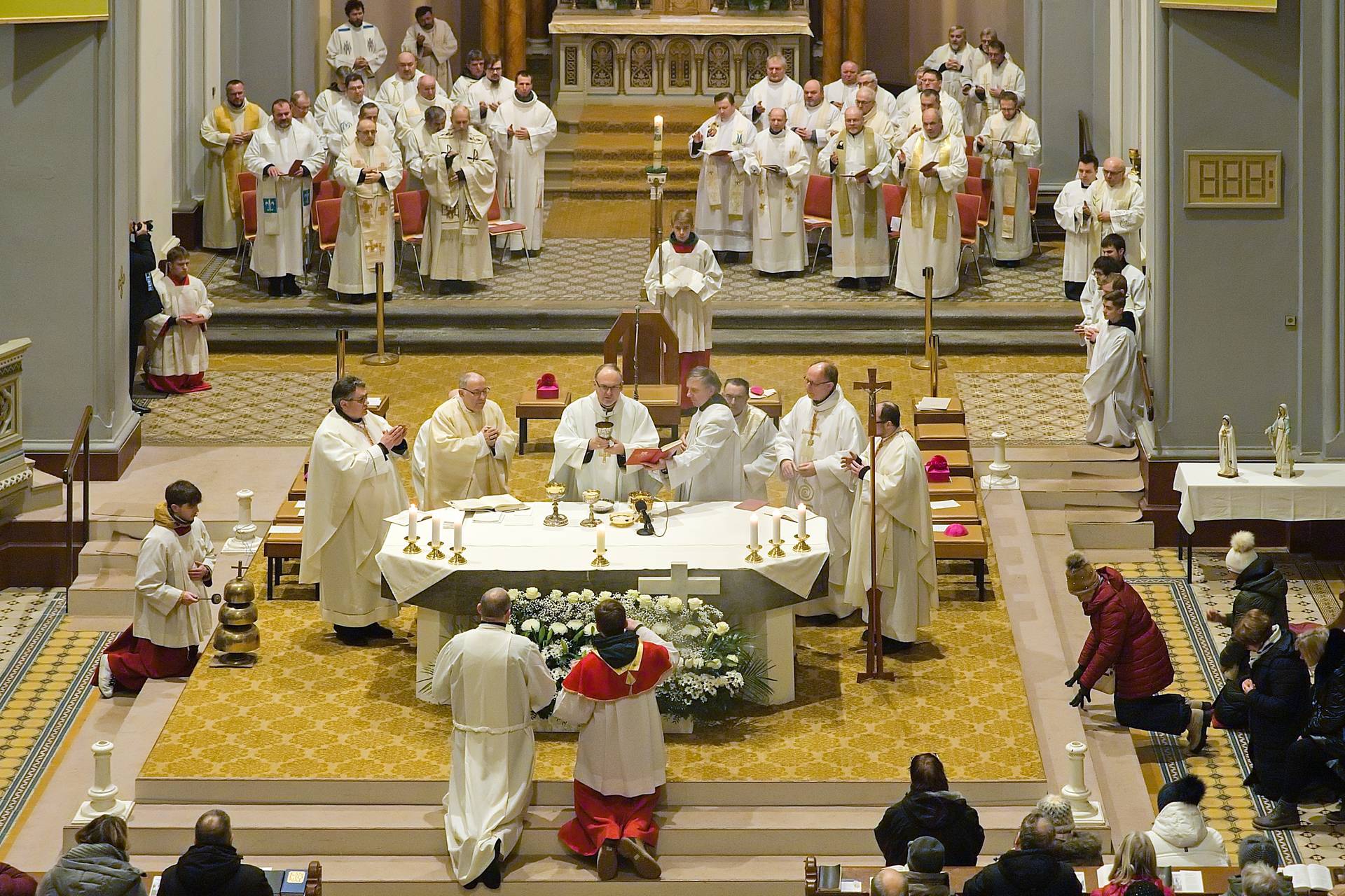 Bishop Stanislav Přibyl of Litoměřice celebrates Mass with Bishop Wolfgang Ipolt of Görlitz, Germany, and other clergy at the Basilica of Mary, Help of Christians in Filipov, Czech Republic, on Jan. 13, 2025, during the annual pilgrimage commemorating the 1866 healing of Magdalena Kade. | Credit: Lubomír Holý/Člověk a víra