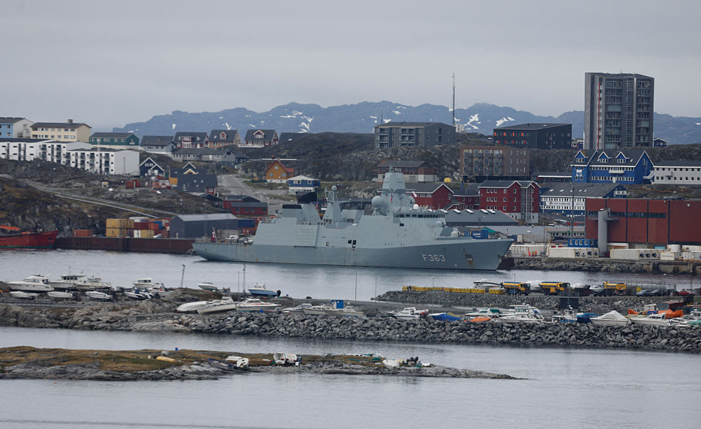The HDMS Niels Juel (F363) warship, an Iver Huitfeldt-class frigate of the Royal Danish Navy, is moored in Nuuk, Greenland, on June 15, 2025. | Credit: Ludovic MARIN/AFP via Getty Images