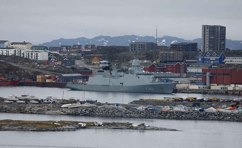 The HDMS Niels Juel (F363) warship, an Iver Huitfeldt-class frigate of the Royal Danish Navy, is moored in Nuuk, Greenland, on June 15, 2025. | Credit: Ludovic MARIN/AFP via Getty Images