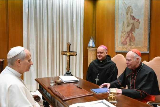 Cardinal Aguiar and his auxiliary bishop, Francisco Javier Acero Pérez, OAR, met with Pope Leo on Jan. 14, 2026. | Credit: Vatican Media