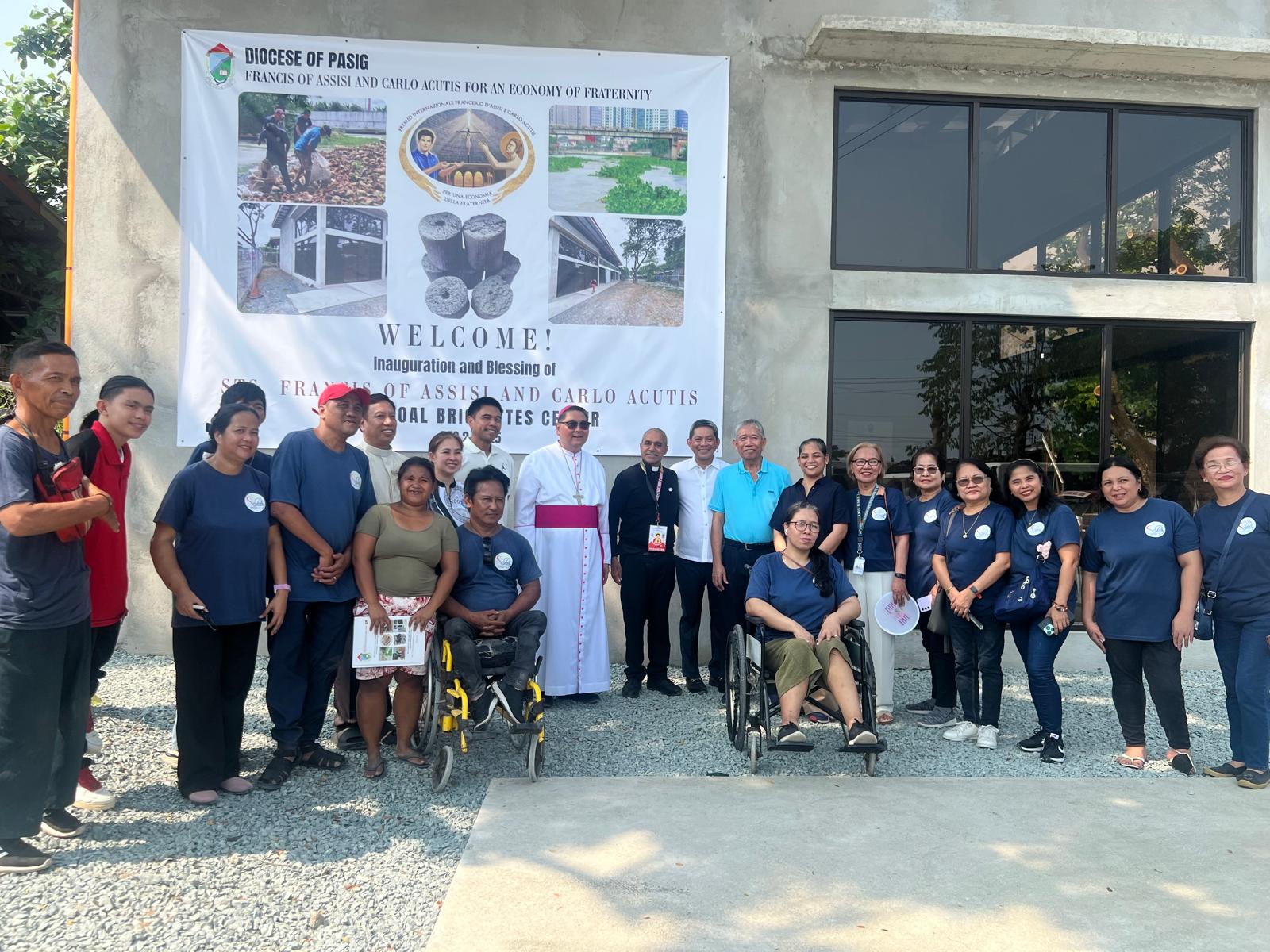 Monsignor Anthony J. Figueiredo and Bishop Mylo Vergara of Pasig, Philippines, bless the facility of the 2022 “Economy of Fraternity” prize recipient, the Ecocharcoal Briquettes Project in the Diocese of Pasig, on Dec. 3, 2025. | Courtesy of Monsignor Anthony J. Figueiredo