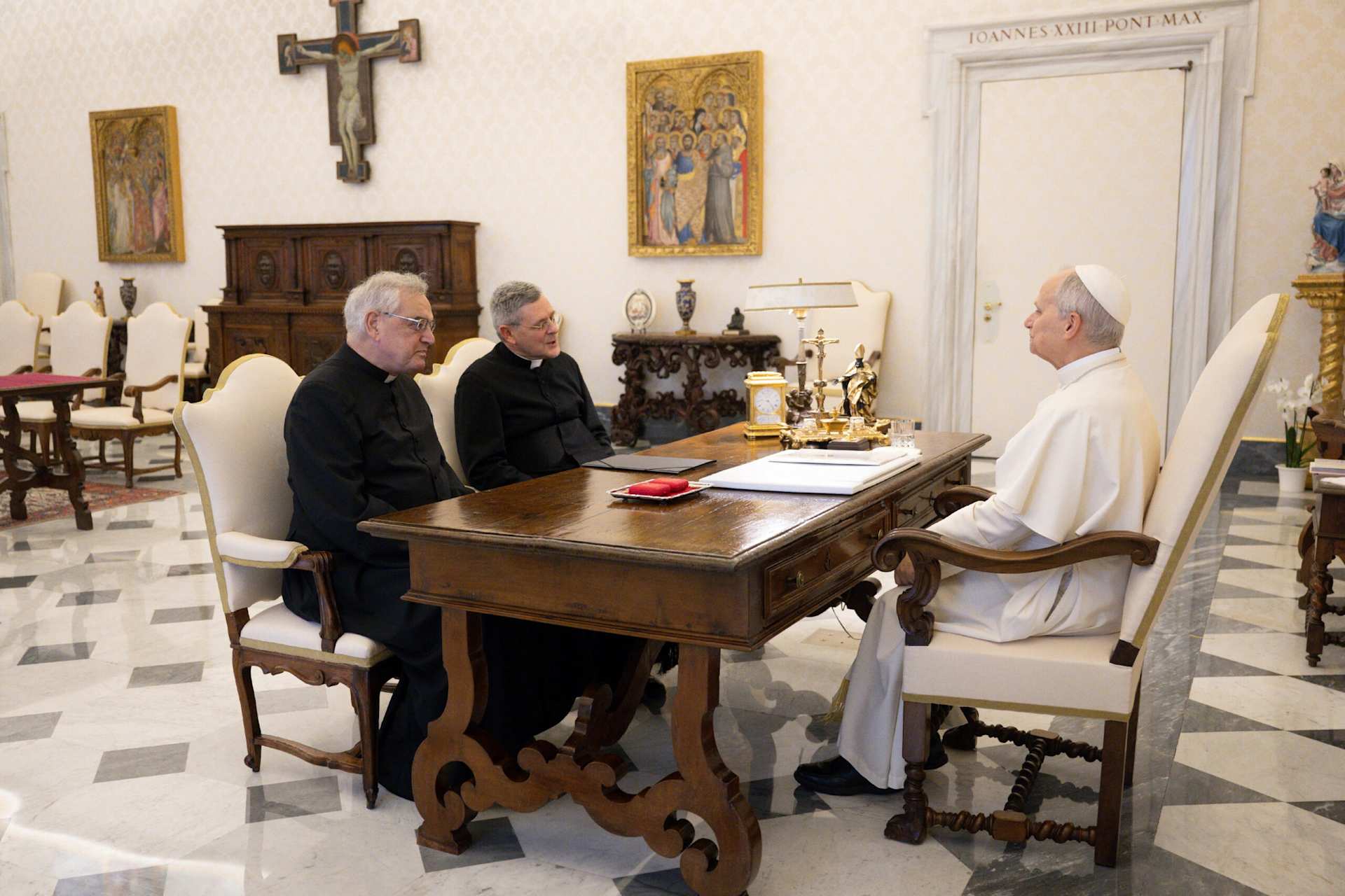 FSSP Superior General Father John Berg and Father Josef Bisig meet with Pope Leo XIV on Jan. 19, 2026, at the Vatican. | Credit: Vatican Media
