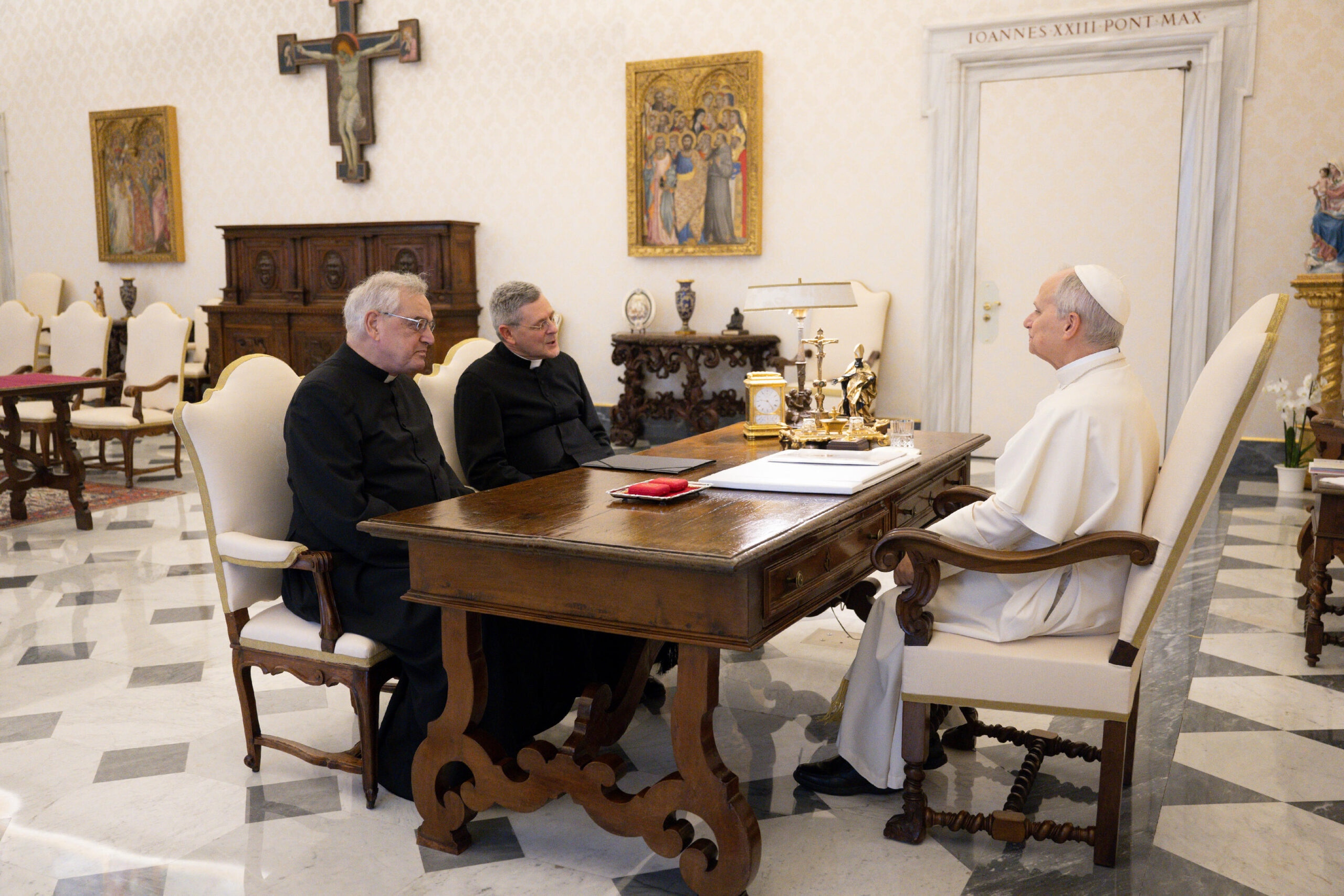 FSSP Superior General Father John Berg and Father Josef Bisig meet with Pope Leo XIV on Jan. 19, 2026, at the Vatican. | Credit: Vatican Media