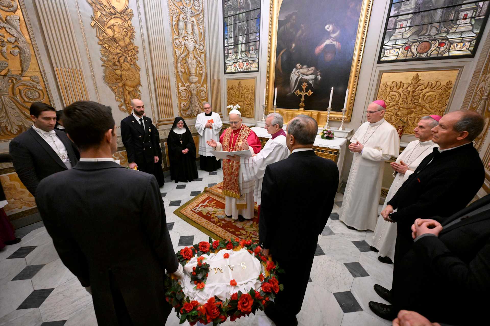 Pope Leo XIV meets a pair of lambs blessed for the feast of the Roman virgin and martyr St. Agnes in the Urban VIII Chapel in the Vatican’s Apostolic Palace on Jan. 21, 2026. | Credit: Vatican Media