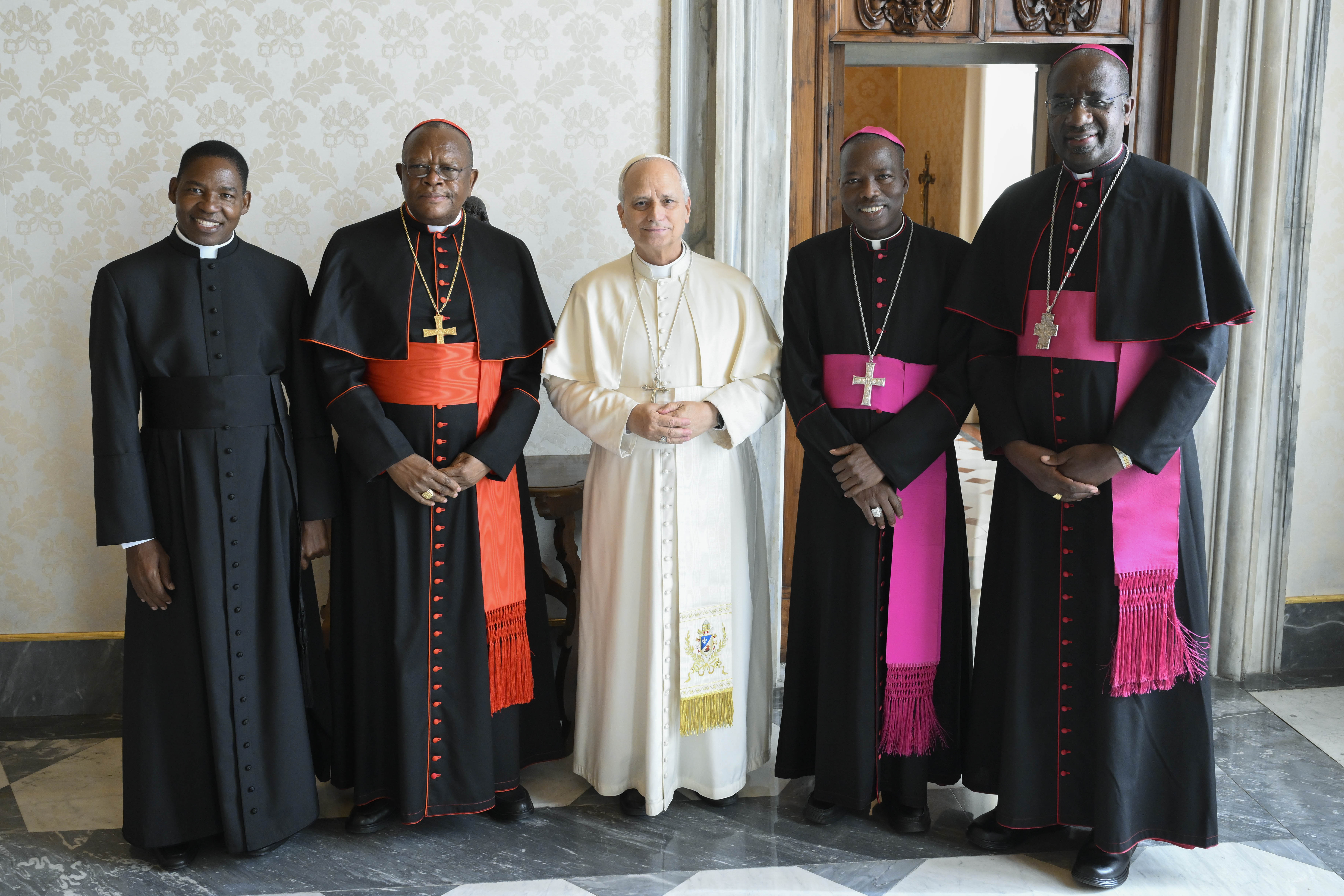 The SECAM delegation, (left to right) Cardinal Fridolin Ambongo, Bishop Stephen Dami Mamza, Archbishop José Manuel Imbamba, and Father Rafael Simbine, meets with Pope Leo XIV on Jan. 17, 2026, at the Vatican. | Credit: Vatican Media