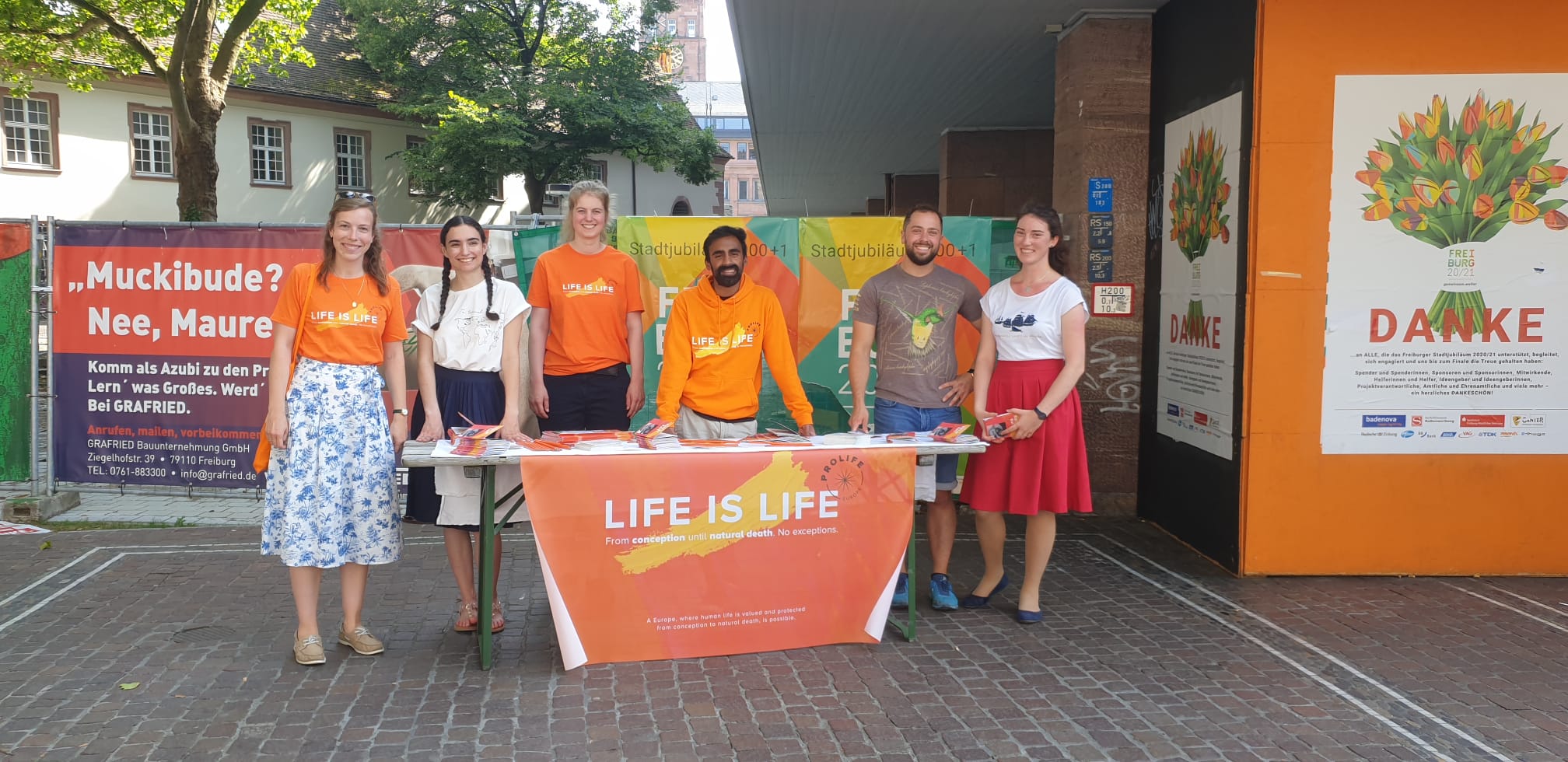 ProLife Europe volunteers staff an information table during an outreach in Freiburg, Germany. | Credit: ProLife Europe