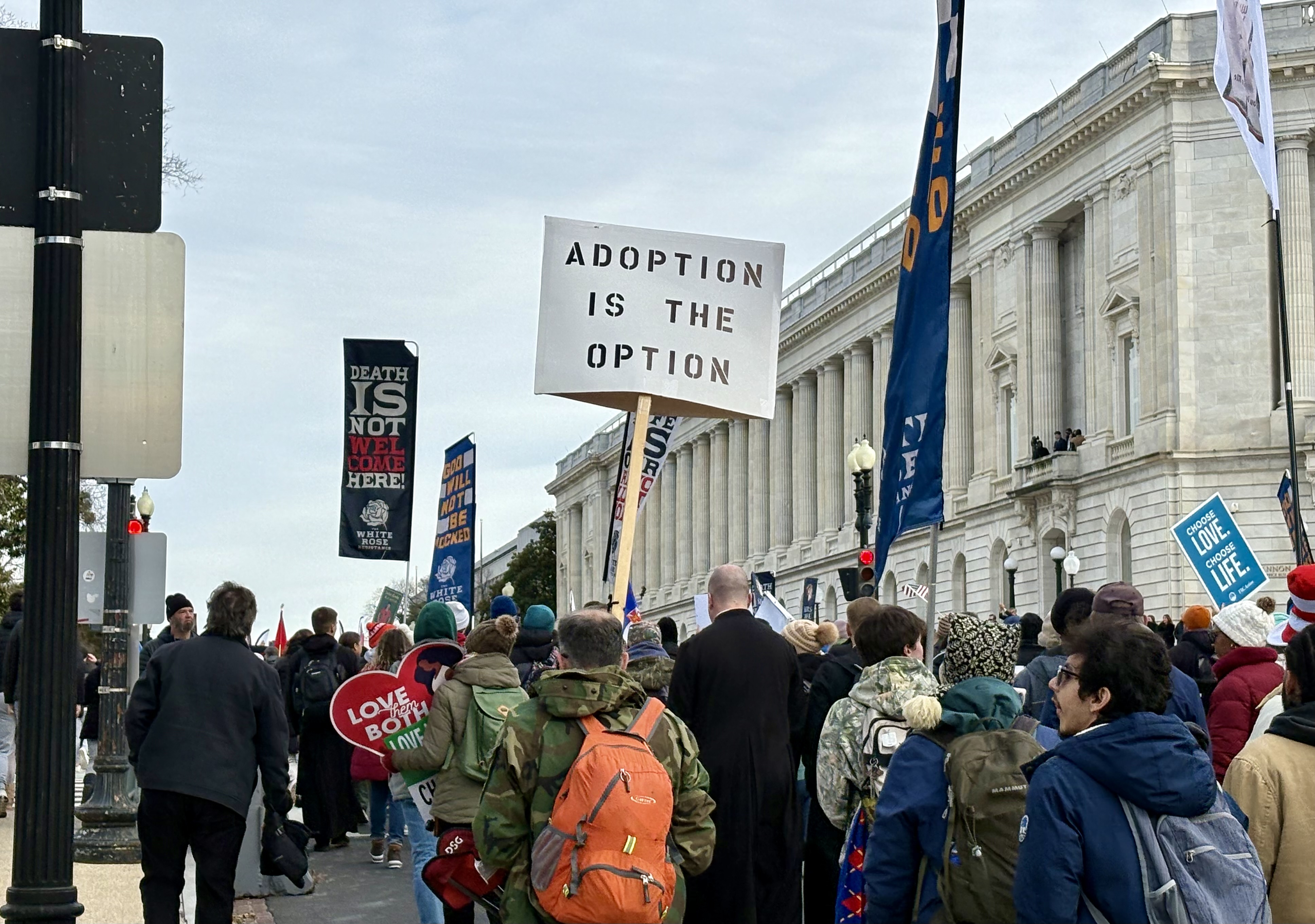 An “Adoption is the option” sign is held high at the March for Life on Jan. 23, 2026. | Credit: Tessa Gervasini/EWTN News