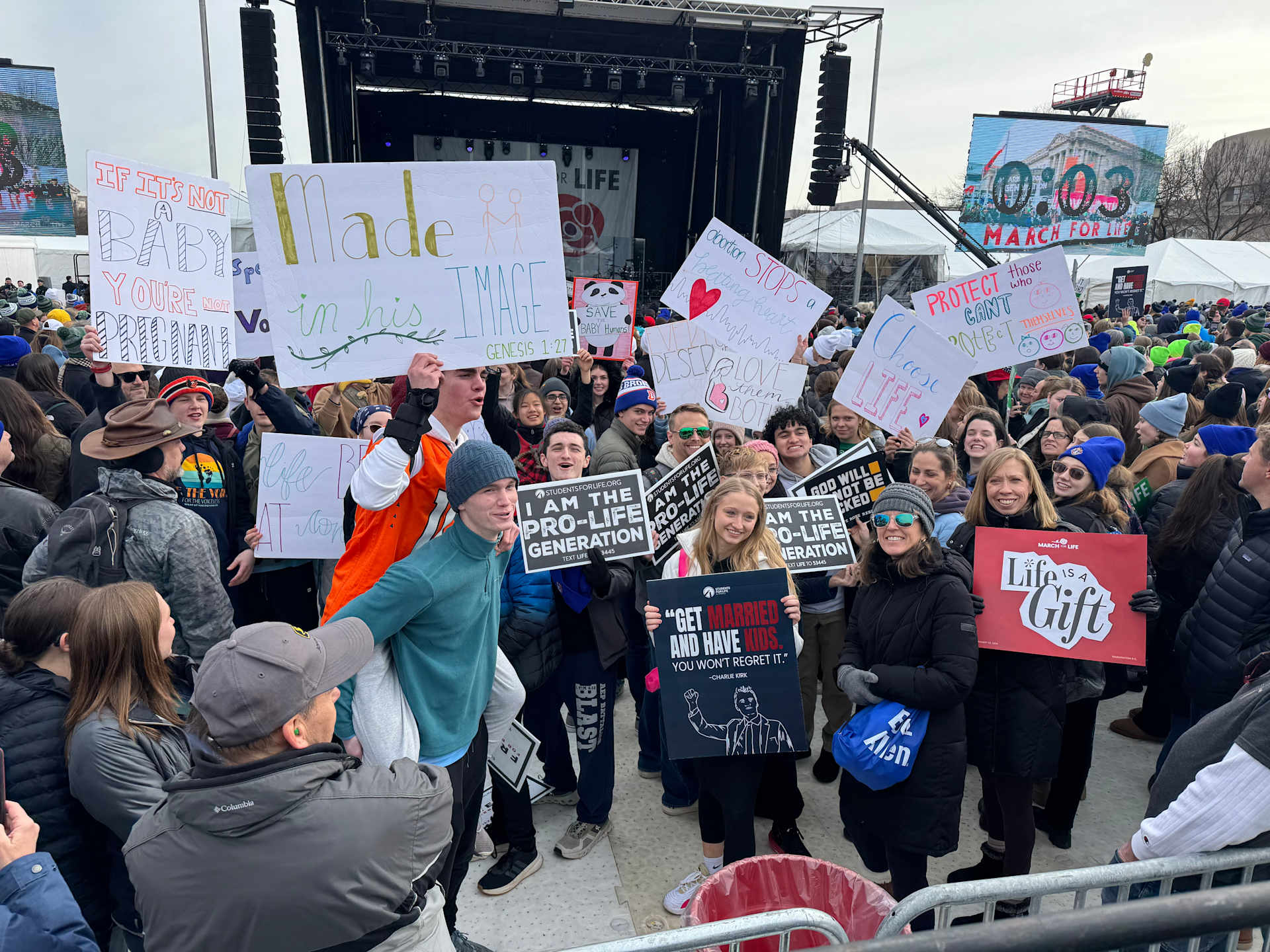 Pro-lifers hold their signs up at the March for Life Rally on Jan. 23, 2026. | Credit: Tessa Gervasini/EWTN News