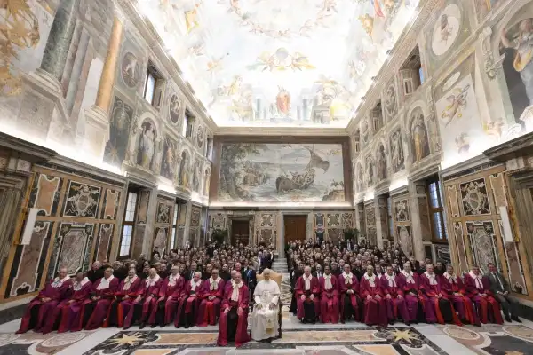 Pope Leo XIV meets with the prelates of the Roman Rota during an audience at the Apostolic Palace in the Vatican on Jan. 26, 2026. | Credit: Vatican Media