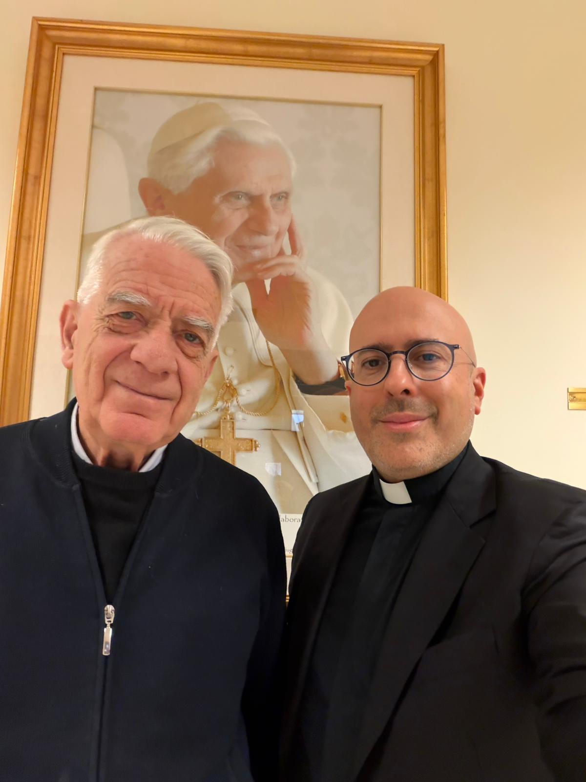 Father Federico Lombardi (left) and Father Roberto Regoli, outgoing and incoming presidents of the board of directors of the Joseph Ratzinger-Benedict XVI Vatican Foundation, in January 2026. | Credit: Photo courtesy of Father Roberto Regoli