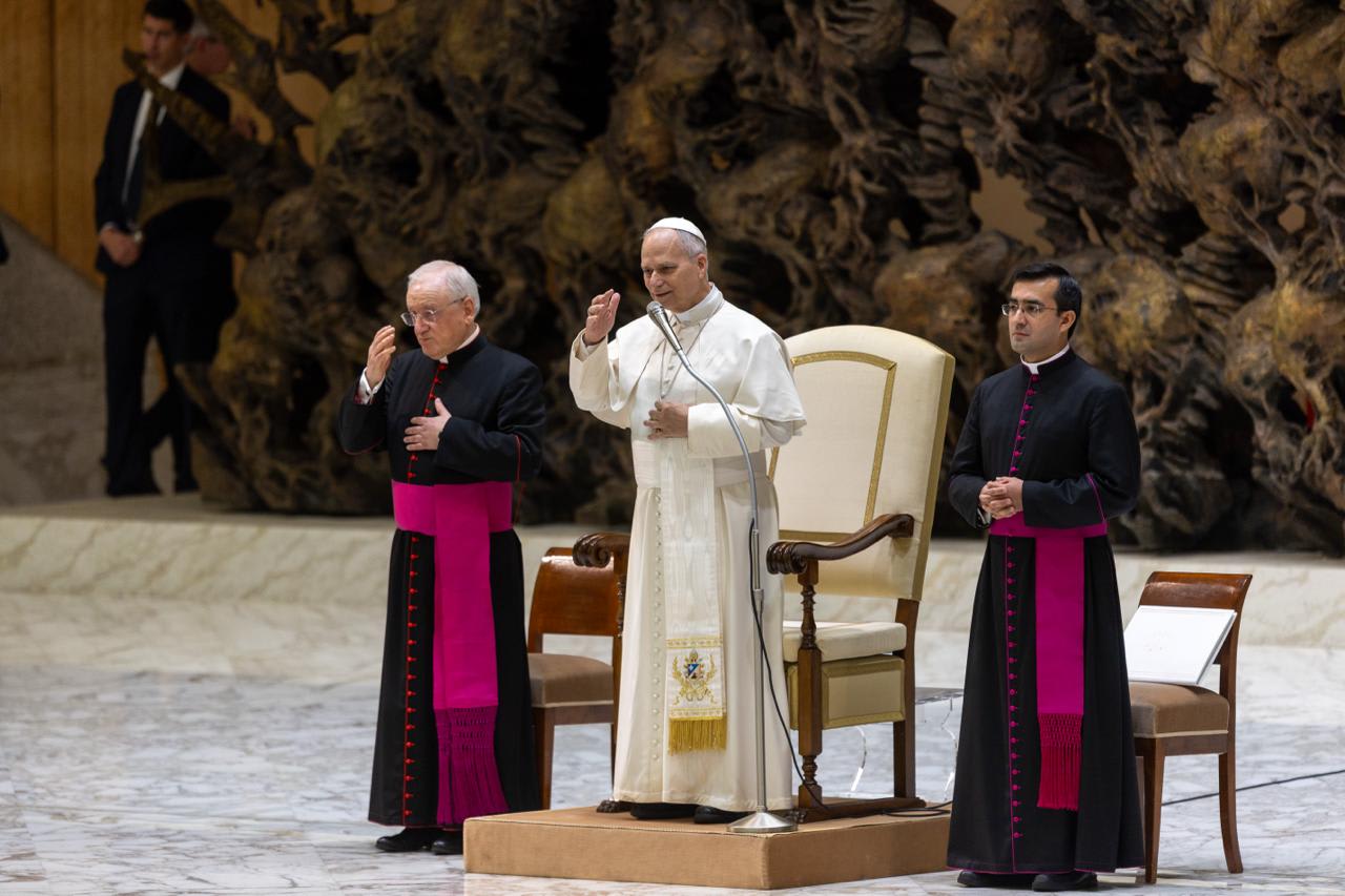 Pope Leo XIV gives his blessing at the end of the general audience in the Vatican's Paul VI Hall on Jan. 28, 2026. Credit: Daniel Ibanez/EWTN News