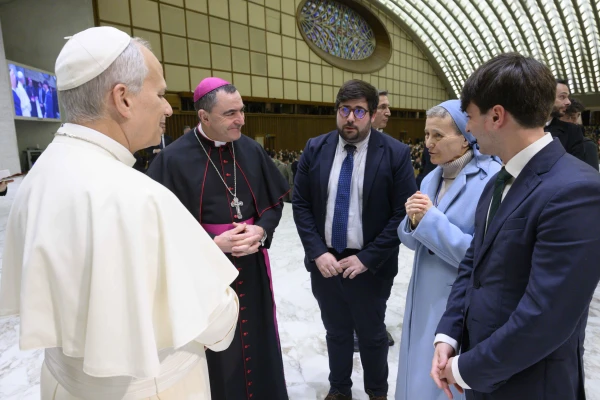 Pope Leo XIV was able to speak briefly with Journey to Redemption organizers Jan. 21, 2026, after his general audience. | Credit: Vatican Media