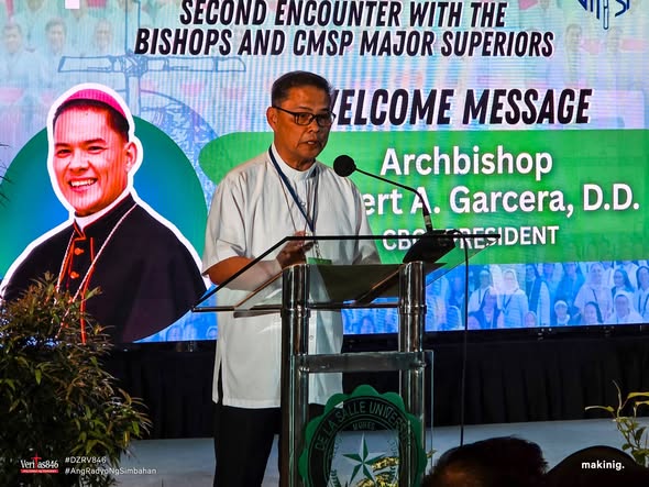 Archbishop Gilbert Garcera, president of the Catholic Bishops’ Conference of the Philippines, addresses the members of the Conference of Major Superiors in the Philippines, a unified body of religious, priests, and consecrated persons, along with bishops at the De La Salle University in Manila on Jan 23, 2026. | Credit: CBCP News