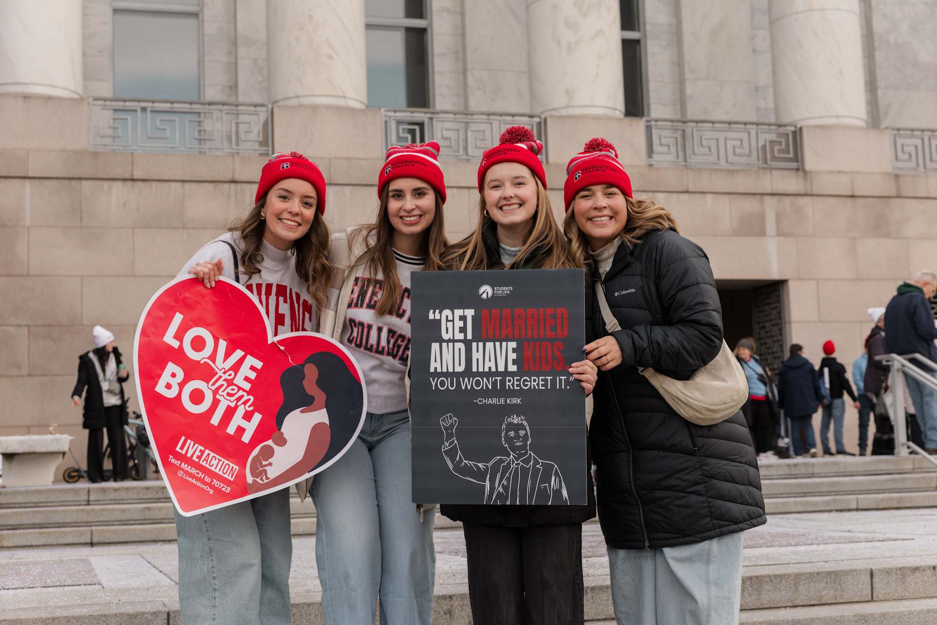Benedictine College students hold pro-life signs at the 2026 March for Life in Washington, D.C. | Credit: Isabella Wilcox/Benedictine College