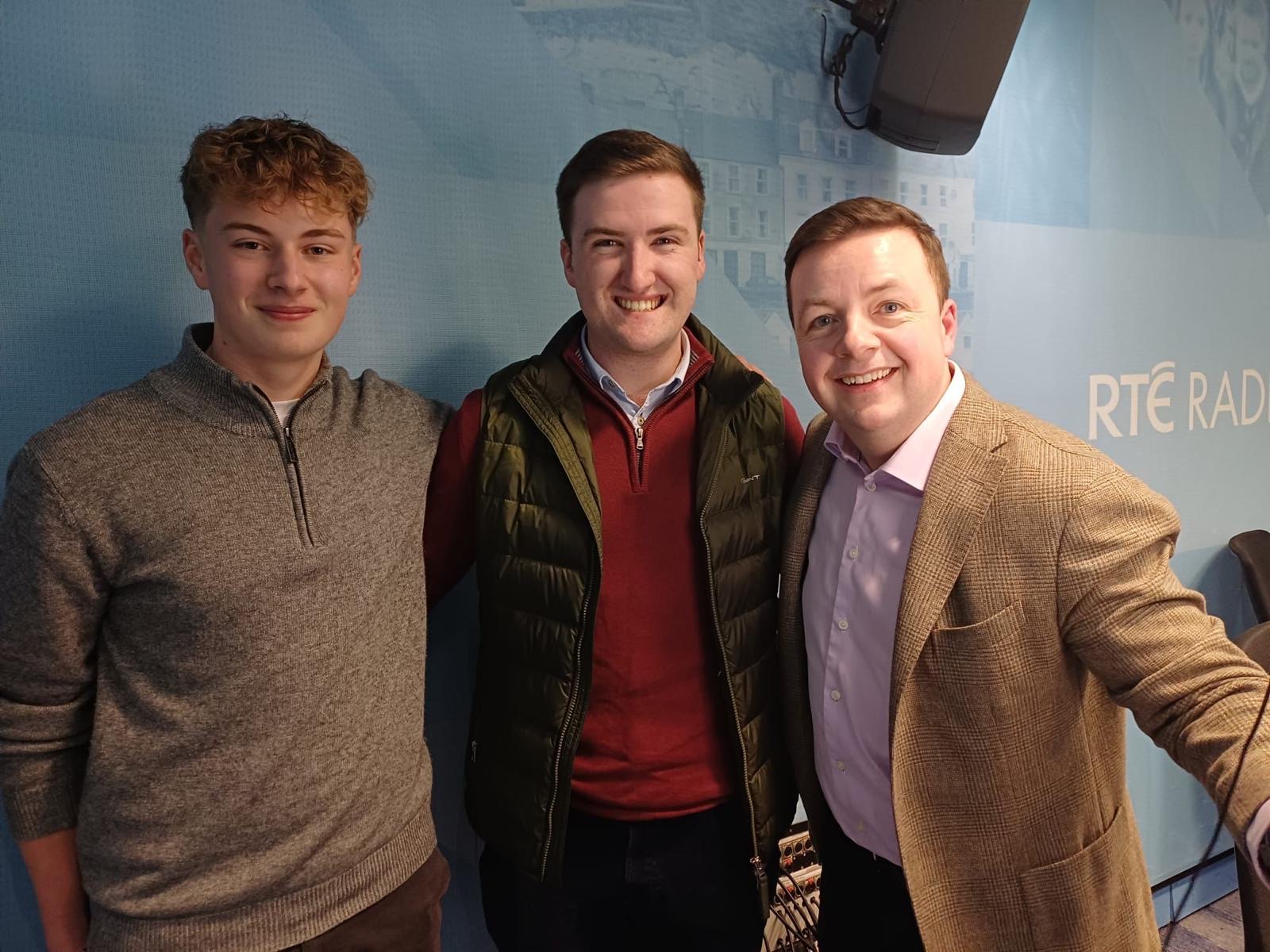 Stephen Patterson (left) and Luke Doogue (center) pictured with Irish television and radio presenter Oliver Callan (right) after being interviewed on Callan’s prime time RTE radio show. | Credit: Photo courtesy of Luke Doogue