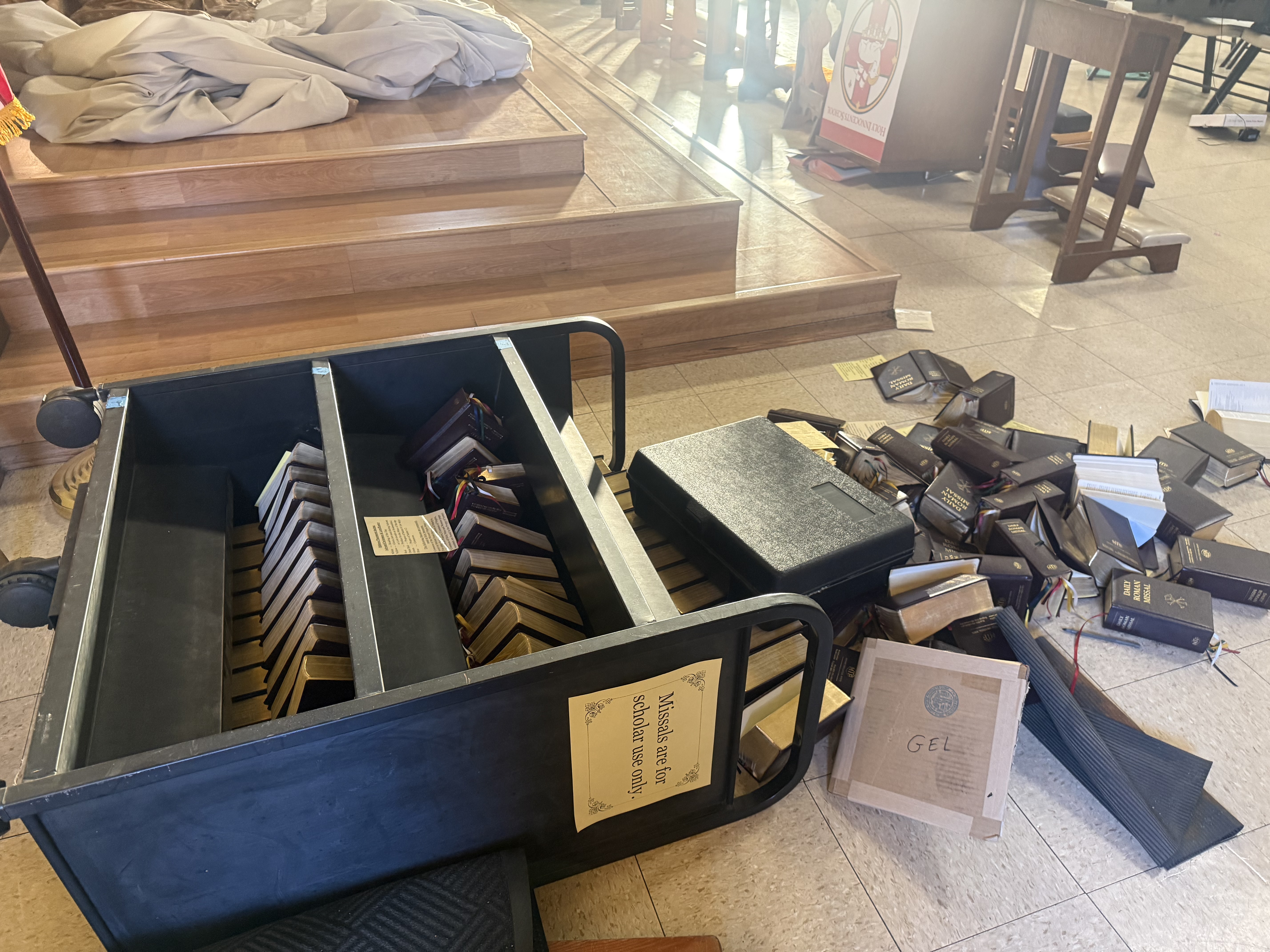 Missals are tipped over and thrown around at Holy Innocents Catholic School in Long Beach, California, Monday, Feb. 2, 2026. | Credit: Photo courtesy of Holy Innocents Catholic School