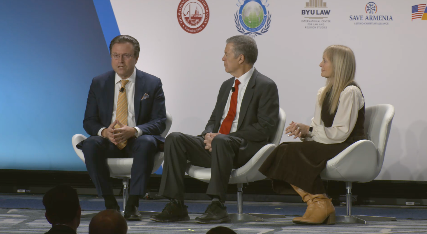 Jan Jekielek, senior editor with The Epoch Times, with International Religious Freedom (IRF) Summit co-chairs Sam Brownback and Katrina Lantos Swett at the 2026 IRF Summit in Washington, D.C., on Feb. 2, 2026, in Washington, D.C. | Credit: Photo courtesy of IRF Summit
