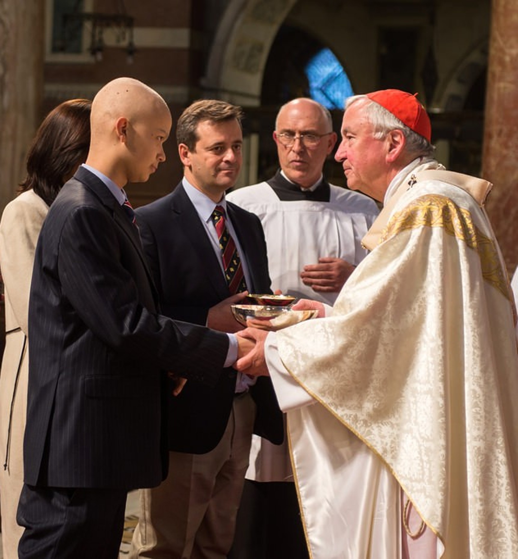 Pedro Ballester is greeted by the former archbishop of Westminster, Cardinal Vincent Nichols. | Credit: Photo courtesy of Opus Dei Communications Office