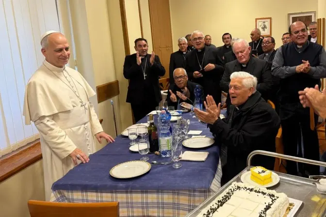 Pope Leo XIV talks with the bishops of Peru at a lunch on Jan. 29, 2026, in Rome. | Credit: Peruvian Bishops&rsquo; Conference