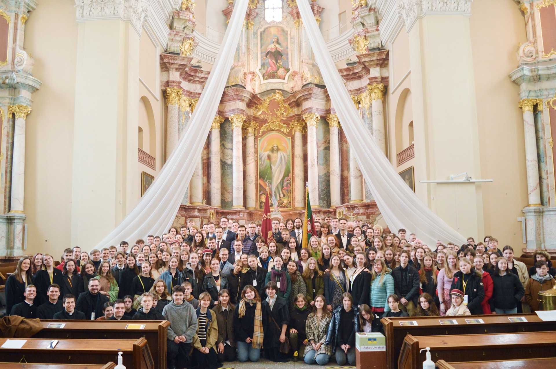 Members of the Ateitis Federation pose inside a church in Vilnius, Lithuania. | Credit: The Ateitis Federation