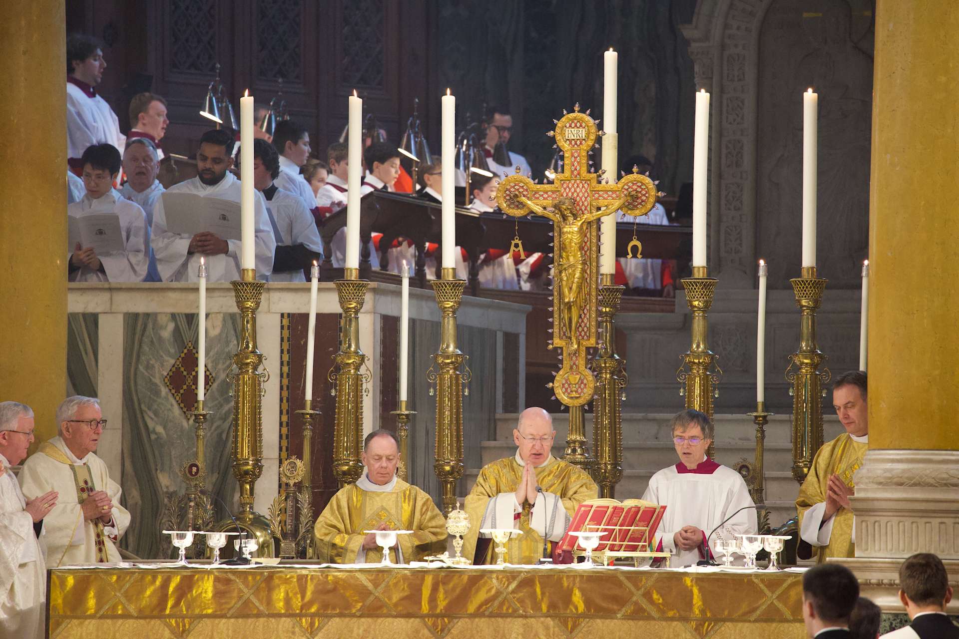 Archbishop Richard Moth prays at his installation Mass at Westminster Cathedral in London, Saturday, Feb. 14, 2026 | Credit: Edward Pentin