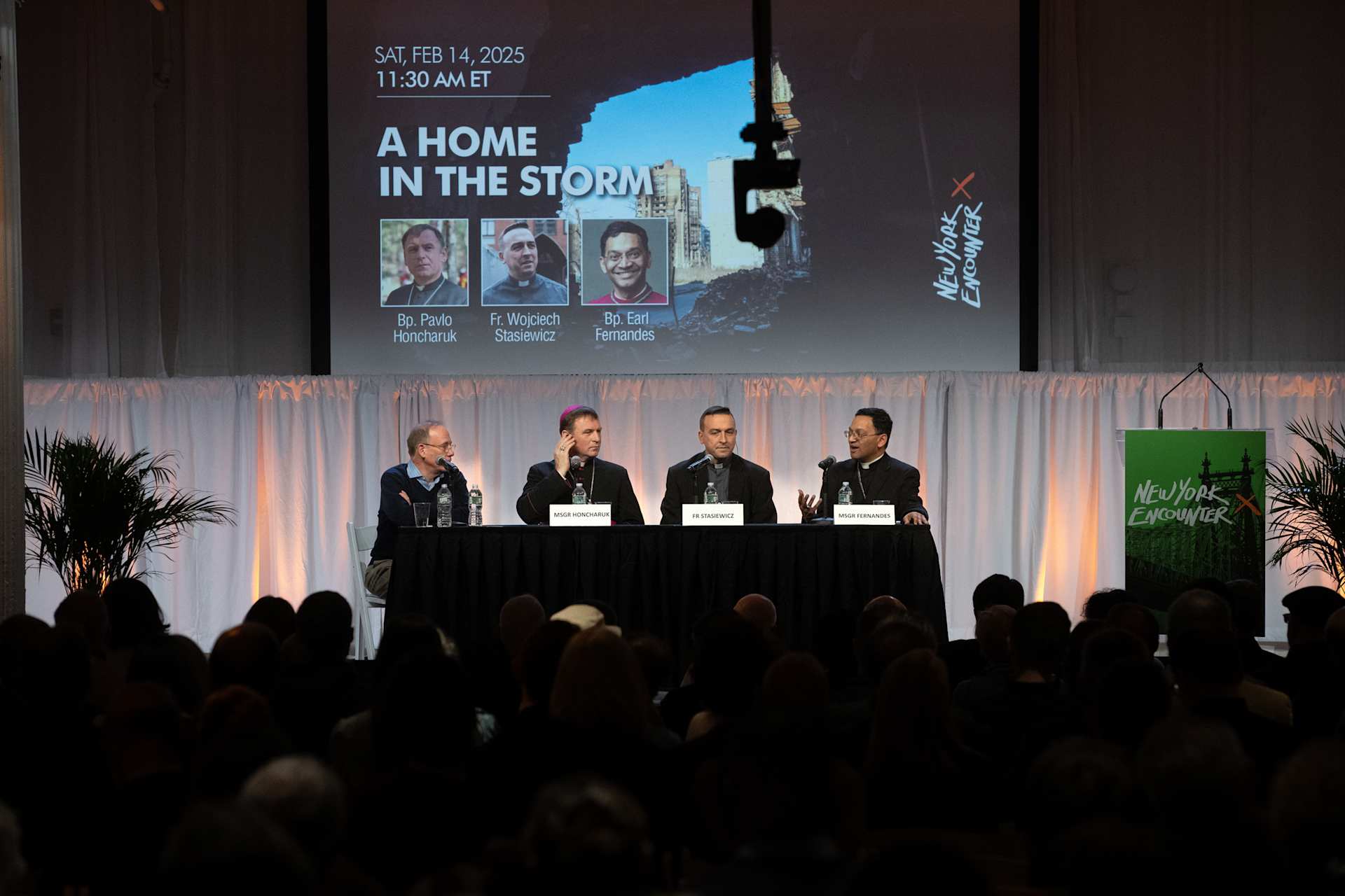 Bishop Pavlo Honcharuk of Kharkiv, Father Wojciech Stasiewicz, and Bishop Earl Fernandes of Columbus, Ohio speak at the New York Encounter, Saturday, Feb. 14, 2026 | Credit: Jeff Bruno