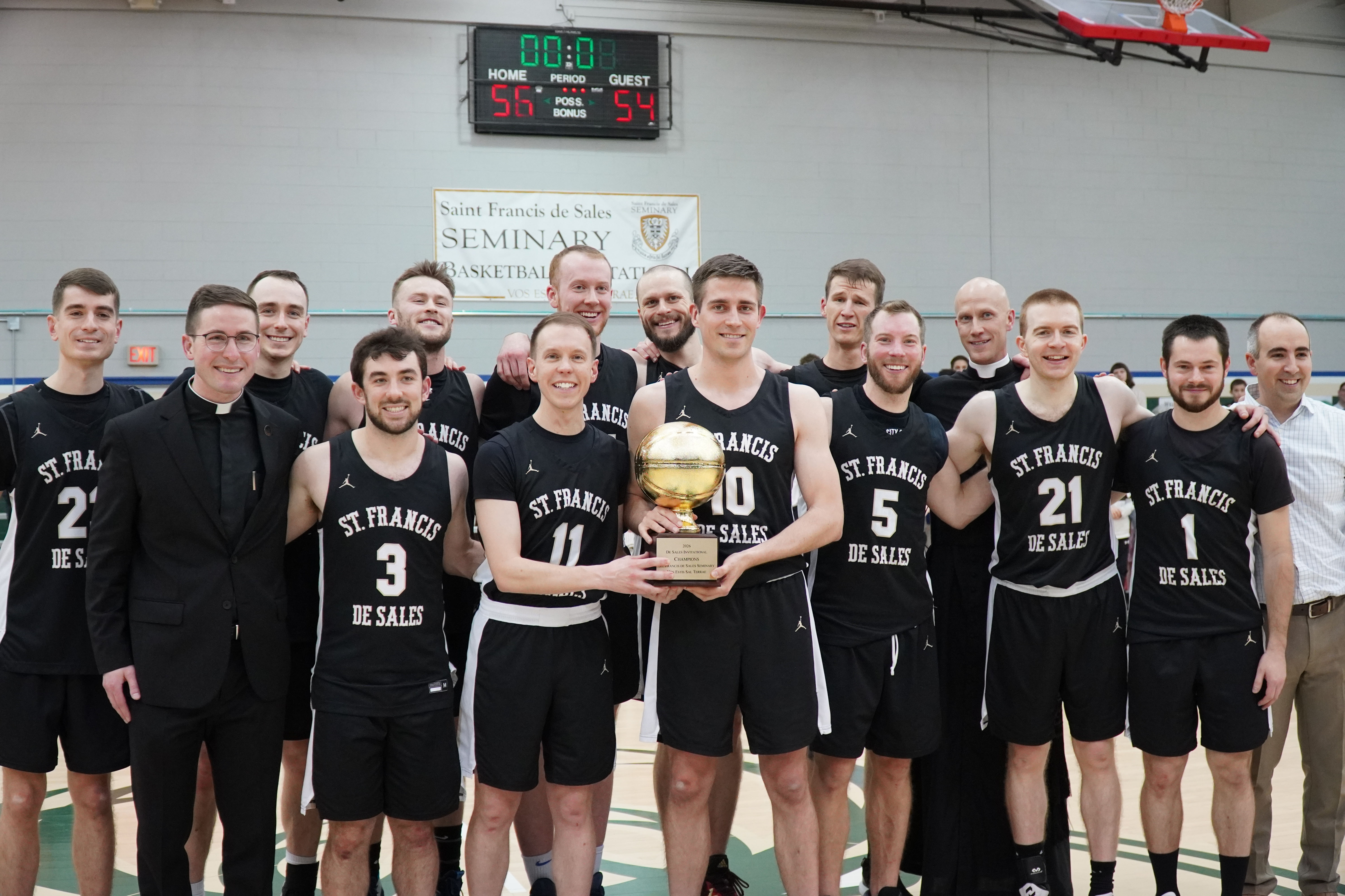 A group photo of the Saint Francis de Sales Shoremen after they won the championship against St. Meinrad Seminary 56-54 in overtime. | Credit: Saint Francis de Sales Seminary