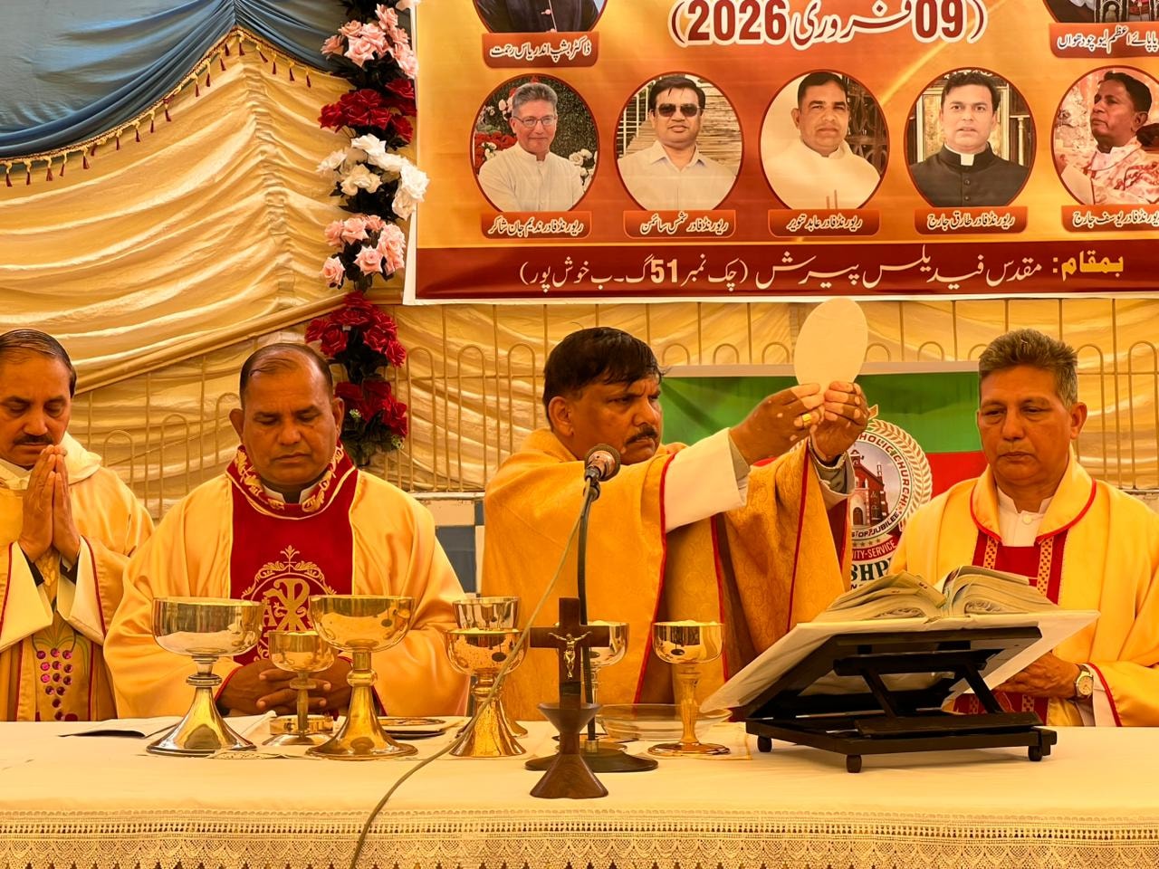 Bishop Joseph Indrias Rehmat of Faisalabad (center) celebrates the jubilee Mass at St. Fidelis Catholic Church in Khushpur, Pakistan, on Feb. 9, 2026. | Credit: Ijaz Bhatti
