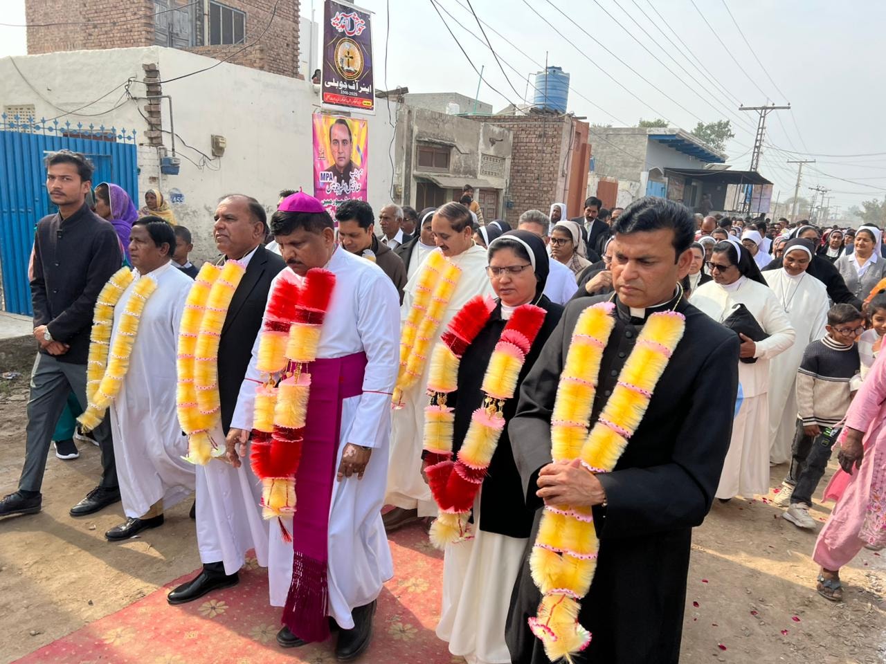 Bishop Joseph Indrias Rehmat of Faisalabad (third from right) leads the closing jubilee procession through the streets of Khushpur, Pakistan, on Feb. 9, 2026. | Credit: Ijaz Bhatti