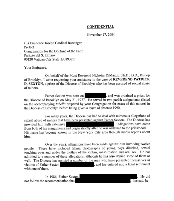 A 2004 letter from Monsignor Otto Garcia to then-Cardinal Joseph Ratzinger about the allegations against Patrick Sexton. | Credit: Excerpts from the official court record in the New York Supreme Court, case no. 506289, obtained by EWTN News