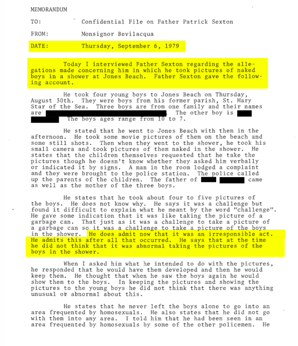 An excerpt from Sexton‘s personnel file by Monsignor Anthony Bevilacqua in 1979, in which Sexton admitted to taking photographs of boys. | Credit: Excerpts from the official court record in the New York Supreme Court, case no. 506289, obtained by EWTN News