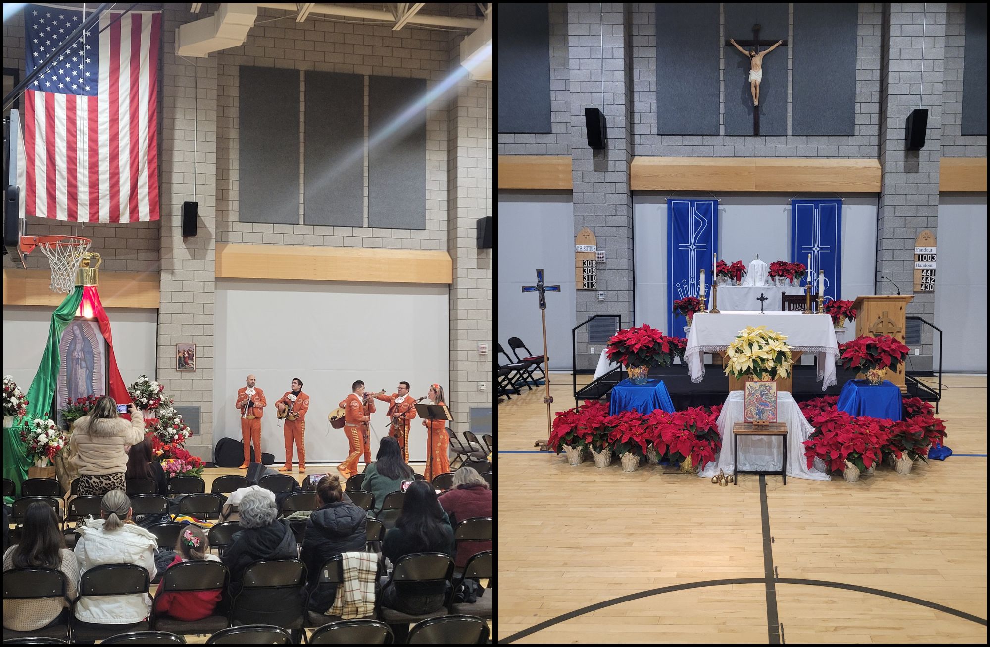 St. Andrew Catholic Parish holds Mass and other celebrations in a multipurpose gym. Parishioners celebrate Our Lady of Guadalupe in the multipurpose gym (left). The gym is decorated for Christmas (right). | Credit: Photos courtesy of Father Joseph Delka