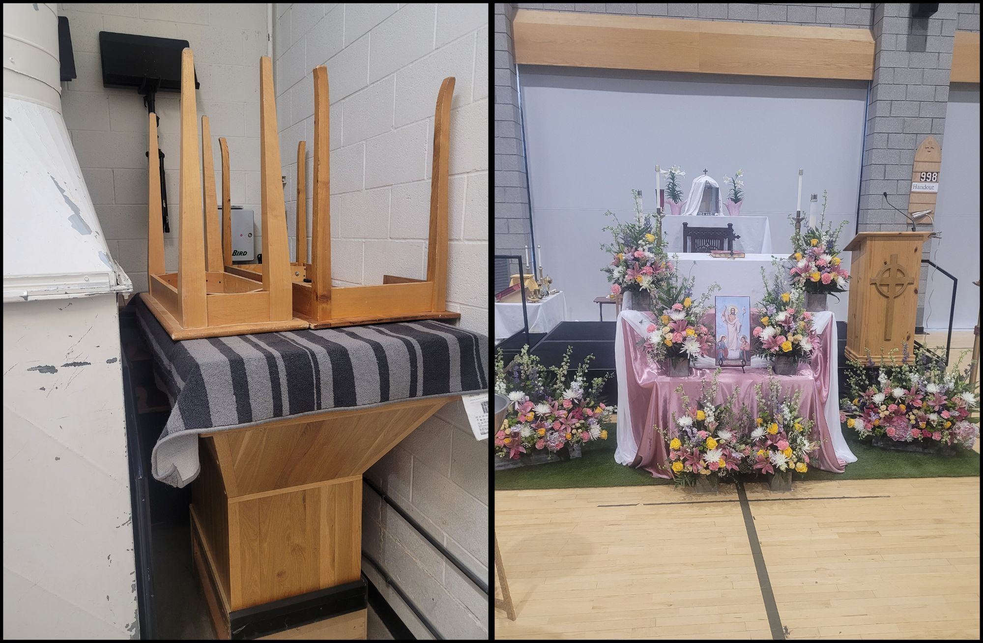 Every Mass at St. Andrew Catholic Parish requires a set-up and take-down. Easter decorations at St. Andrew Catholic Parish in the gym (right). When not in use, the altar and other items are kept in storage (left). | Credit: Photos courtesy of Father Joseph Delka