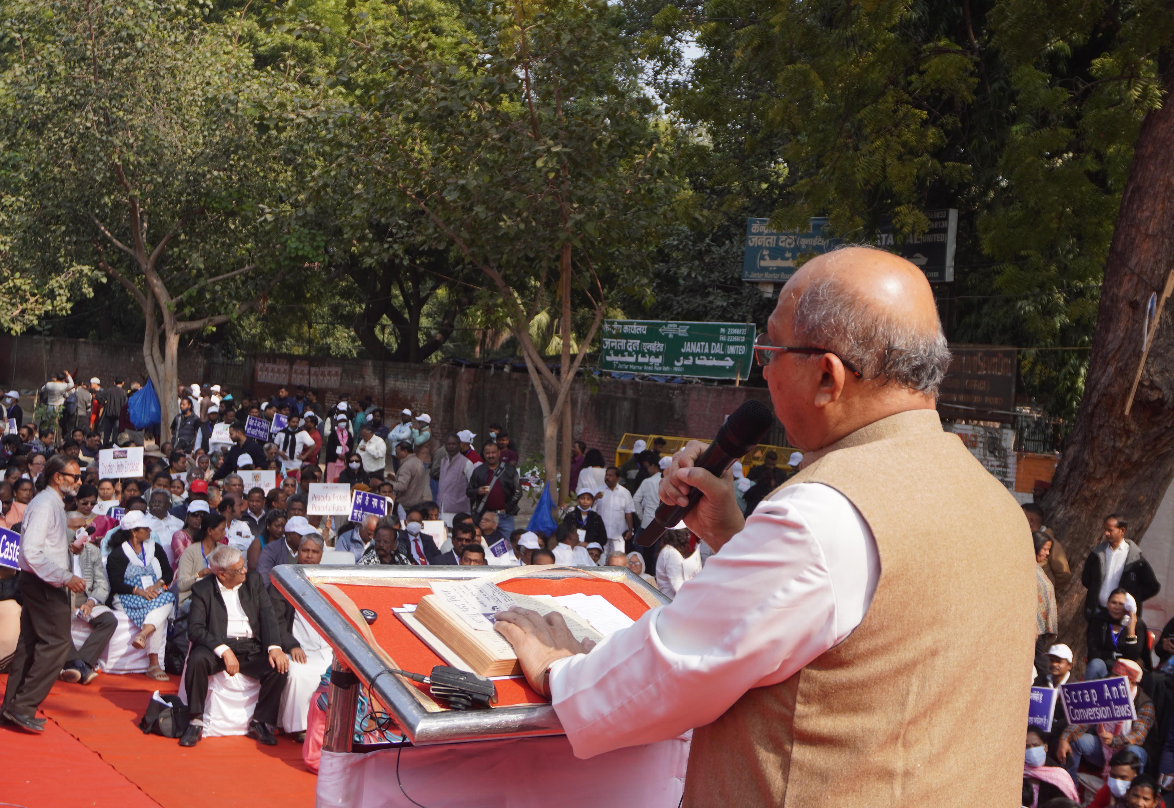 Archbishop Anil Couto of Delhi, India, secretary-general of the Catholic Bishops' Conference of India, addresses the National Christian Convention against atrocities on Nov. 29, 2025, in New Delhi. | Credit: Anto Akkara