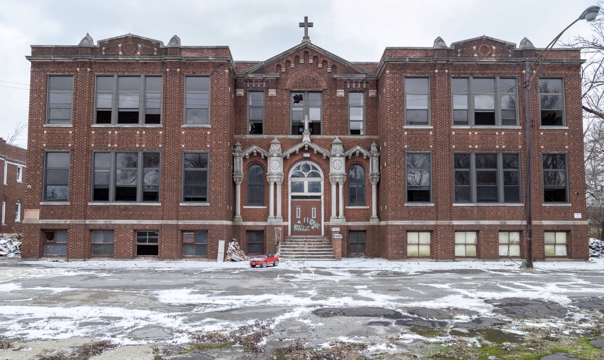 Broken windows and graffiti on St. Mary of the Assumption School, where Robert Prevost, now Pope Leo XIV, the first American pope, attended eighth grade in 1969. | Credit: Matthew Kaplan