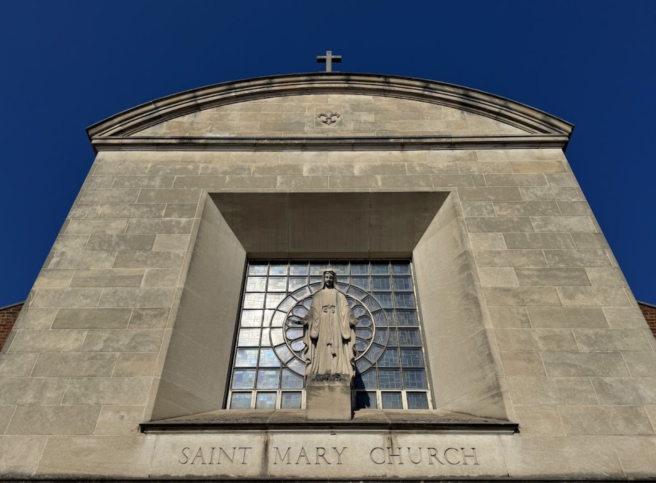 Close-up of St. Mary of the Assumption Church in Riverdale, Chicago, Pope Leo XIV’s childhood parish, which was recently added to Preservation Chicagoʼs “7 Most Endangered” list of historic structures in the city. | Credit: Cristen Brown