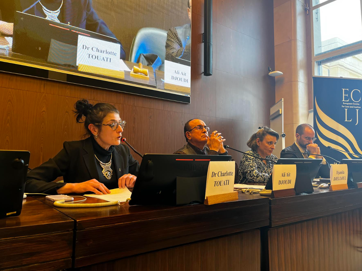 Charlotte Touati (left), historian and researcher at the University of
Lausanne, addresses the ECLJ side event on Christians in Algeria at the United Nations Human Rights Council in Geneva on March 18, 2026, alongside (from left) Ali Ait Djoudi and Djamila Marie Djelloul. | Credit: European Centre for Law and Justice (ECLJ)