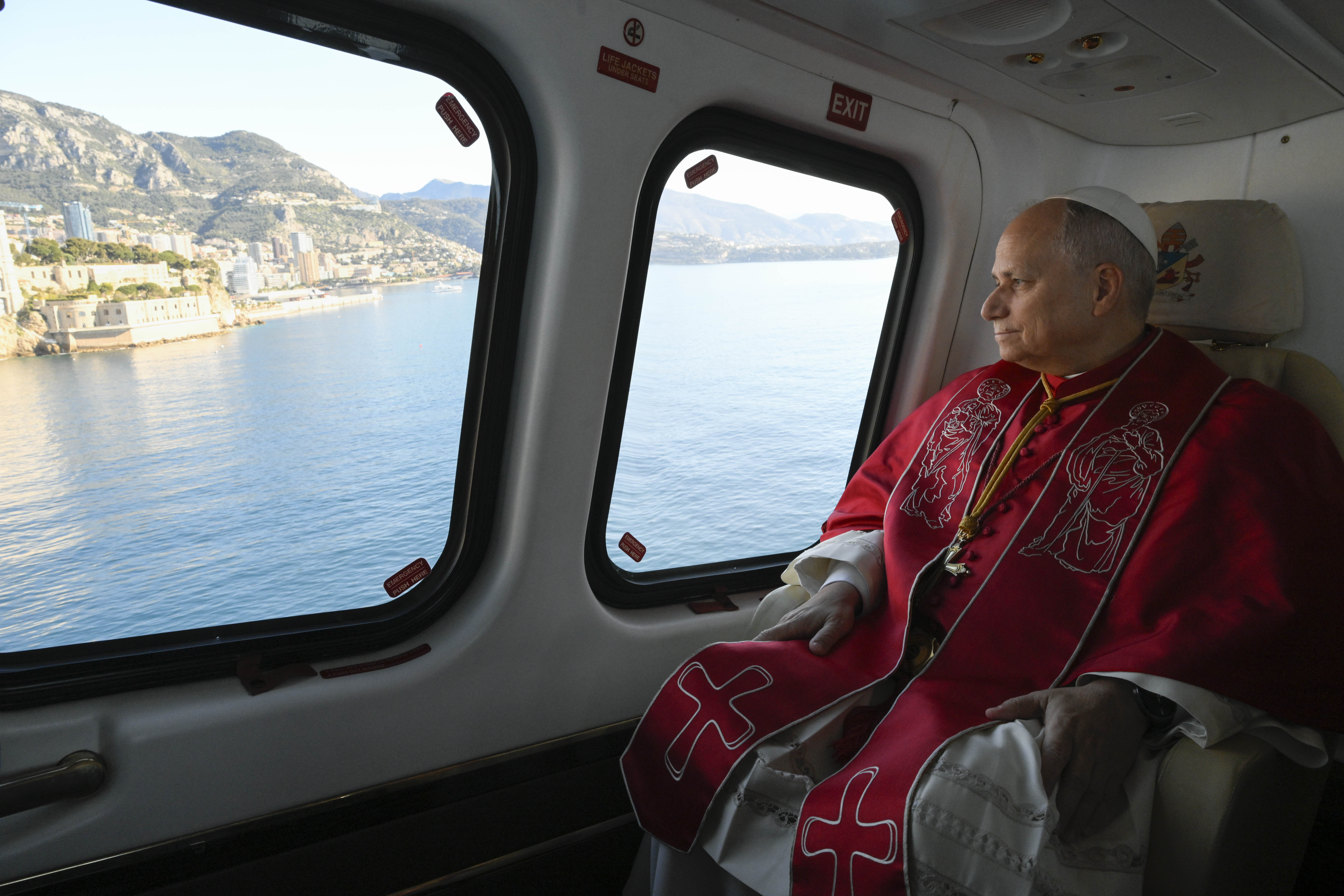 Pope Leo XIV flies into Monaco aboard the papal helicopter, Saturday, March 28, 2026. | Credit: Vatican Media